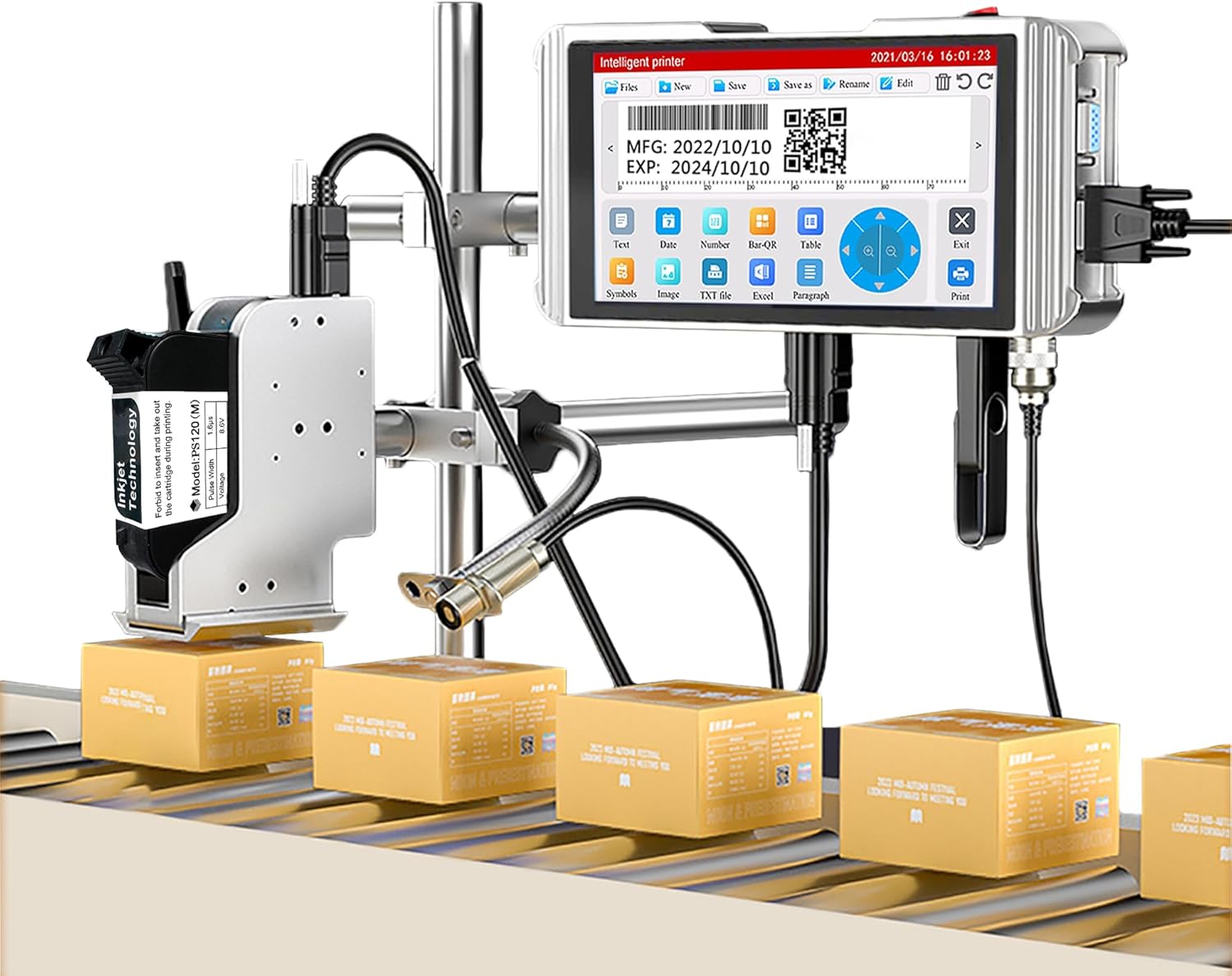 Phezer 1inch/25.4mm Automatic Online Inkjet Coding Machine for Production Line, 23 Languages, Intelligent Variable Data/Date/Logo/Barcode/Image Thermal Inkjet Printer, (1 Nozzle, 70M/min, PW1-1)