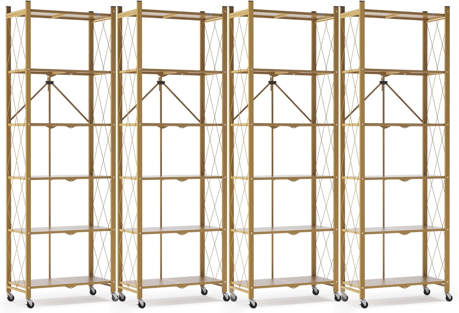 ALANNG 73.6 Inch Folding Bookshelf, 6 Tier Metal Bookcase and Bookshelves, Tall Shelves for Living Room Office Bedroom, Heavy Duty Book Shelve Free Standing Open (Gold, 4PACK)