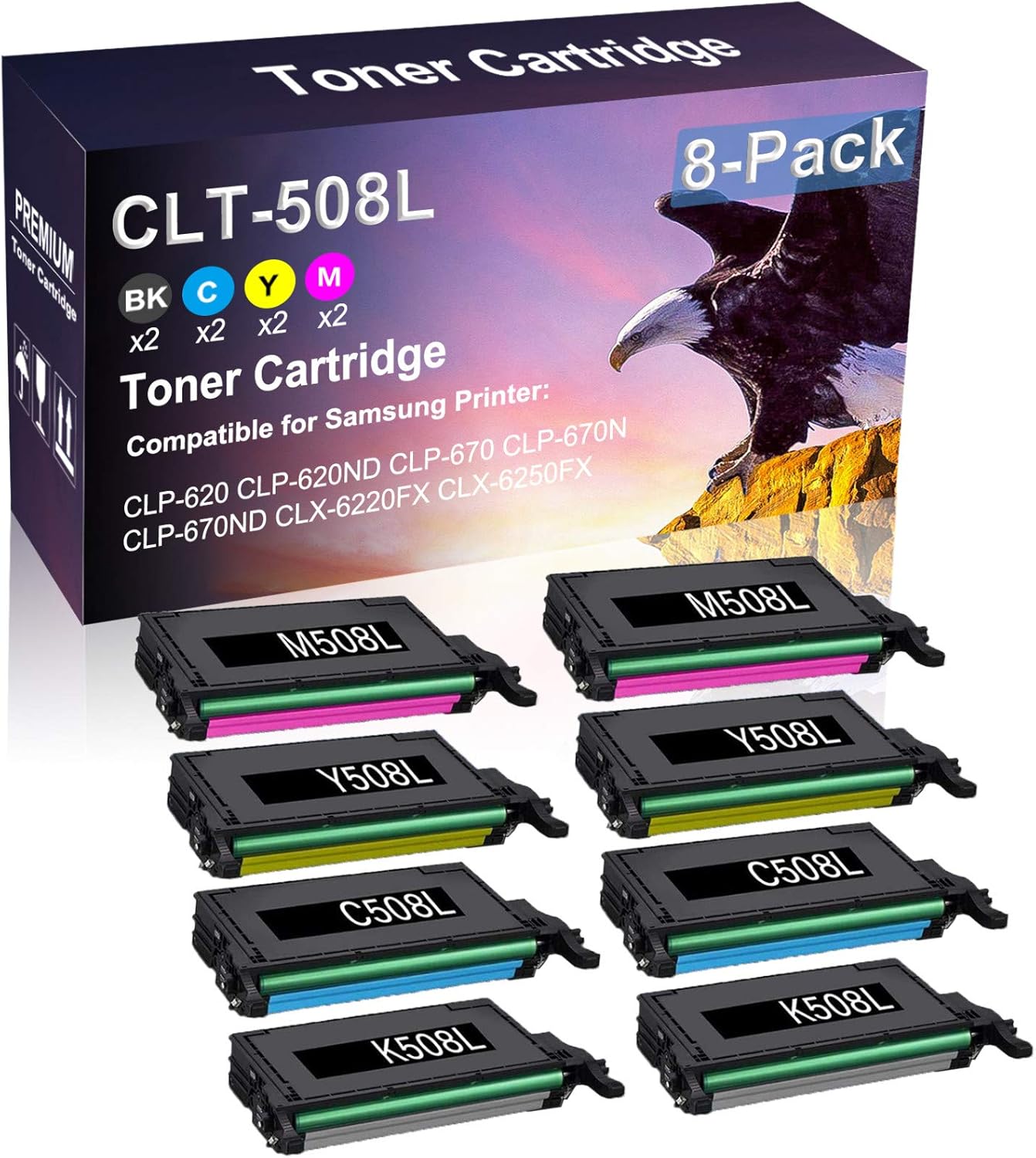 8 Pack (2BK+2C+2Y+2M) Compatible High Yield CLT-508L CLT-K508L CLT-C508L CLT-Y508L CLT-M508L Printer Cartridge Use for Samsung CLP-620 CLP-620ND Printer