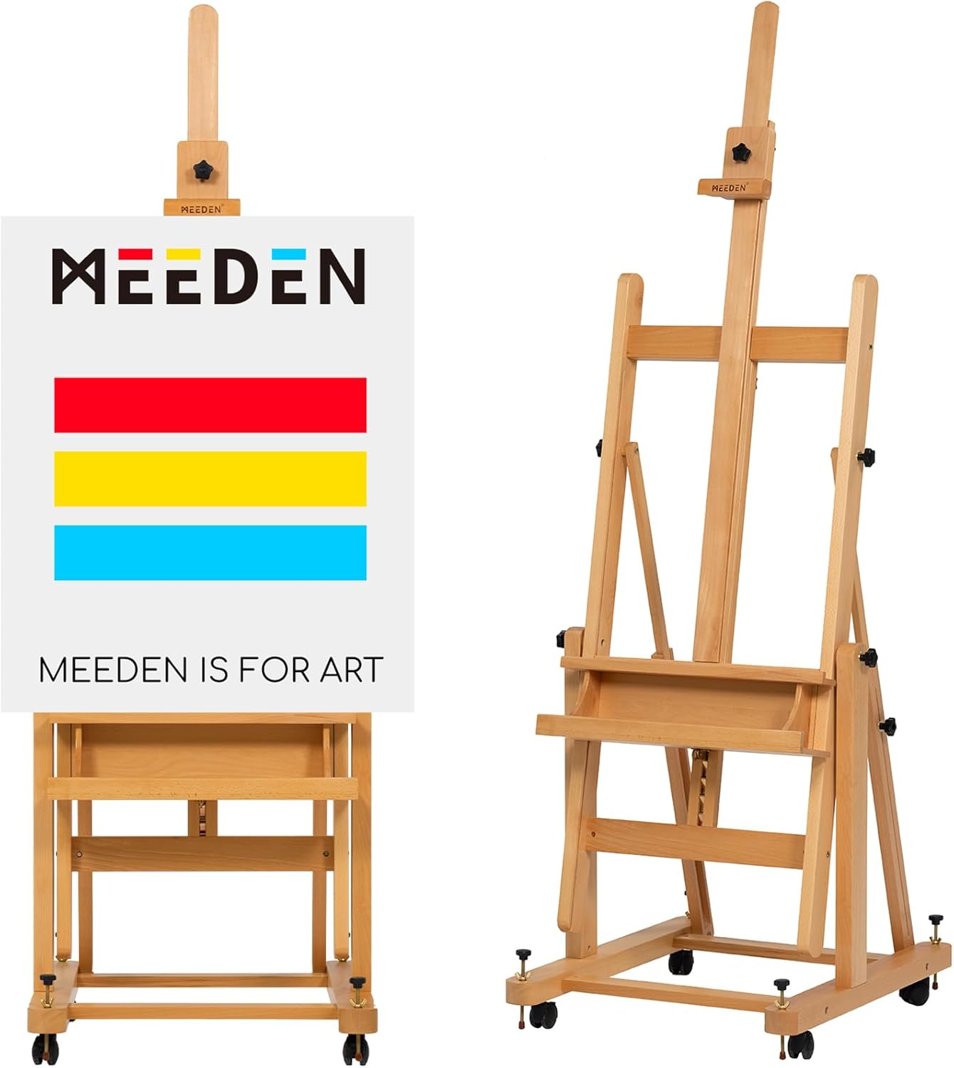 MEEDEN Enlarged Heavy-Duty H-Frame Easel: Artist Solid Beech Wooden Studio Easel - Professional Painting Art Easel Stand with 4 Lockable Wheels & Leveling Bolts - Hold Canvas up to 86