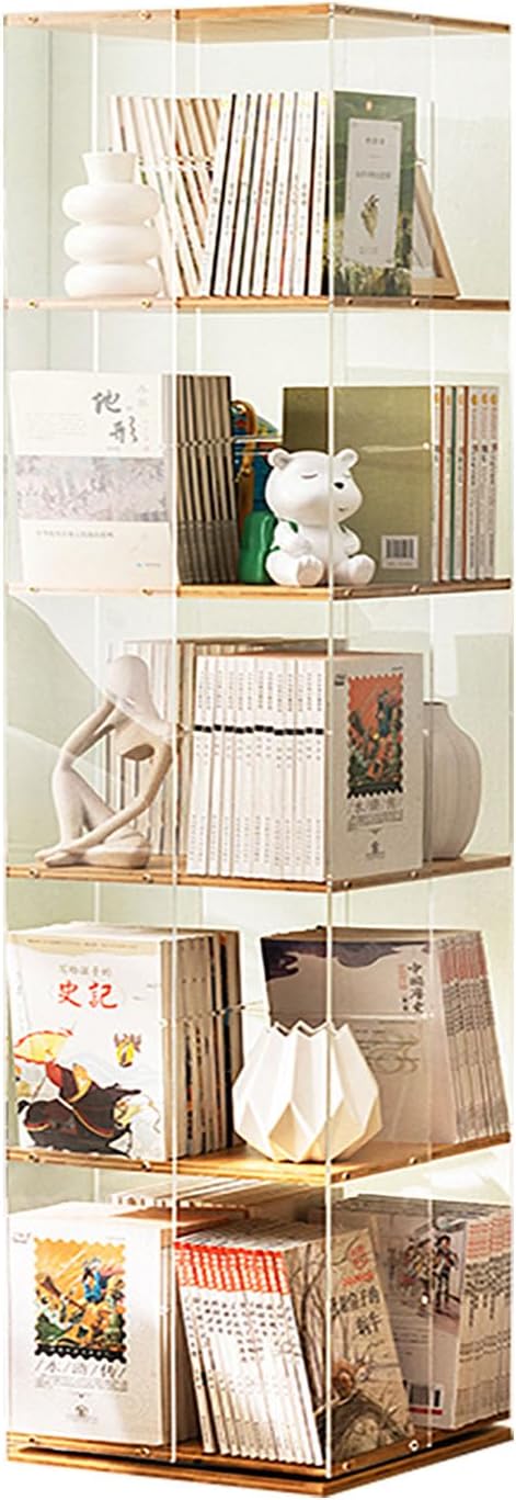 JSWHYBD 360° Rotating Bookshelf 3/4/5 Tiers Solid Wood Simple Bookcase Storage Rack Floor-Standing Home Children's Library Living Room Multi-Layer Storage Cabinet for Bedroom Living Room Office