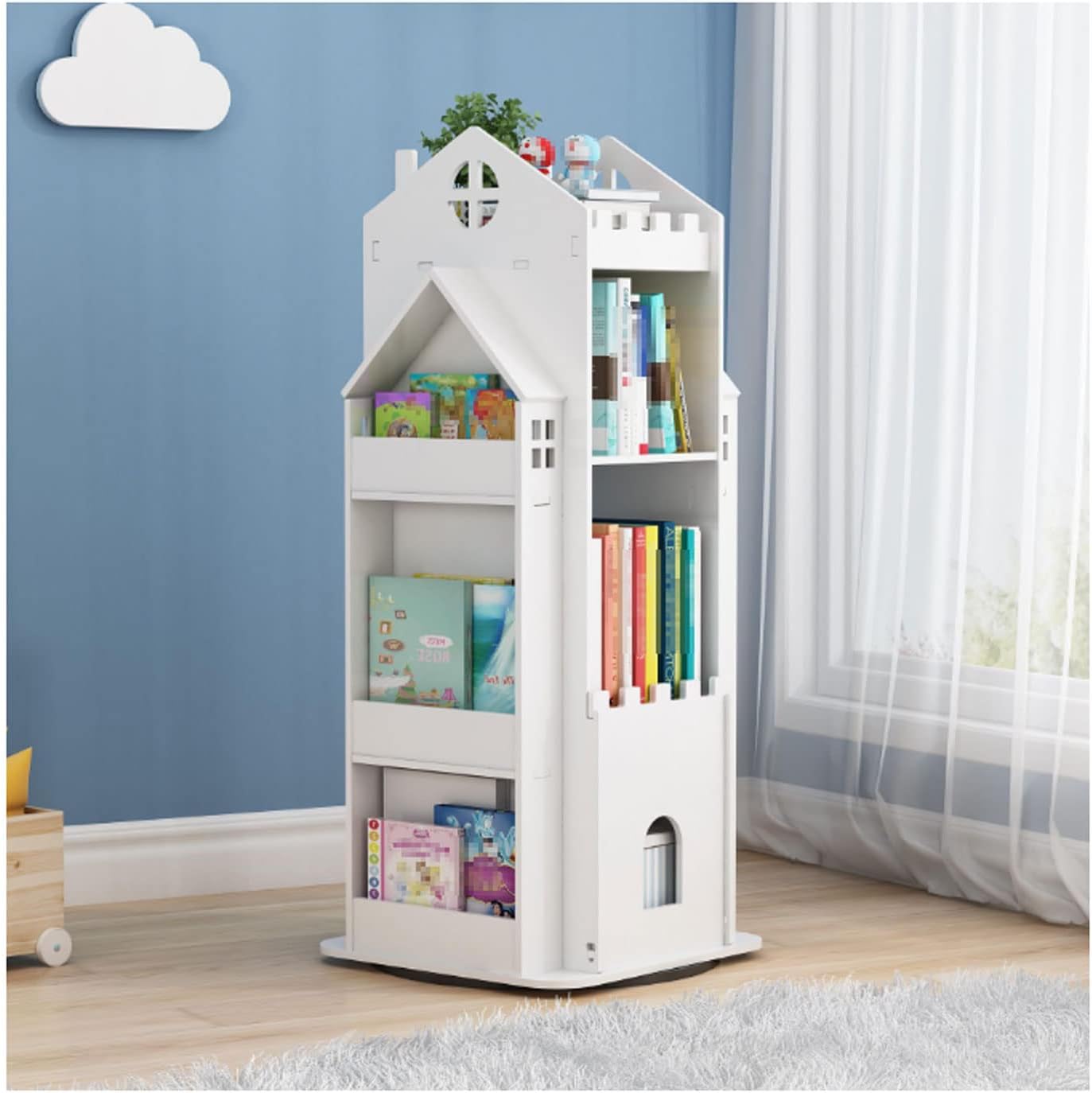 SYALEO 360° Children Bookshelf Revolving Bookcase Creative Castle 360° Rotating Bookshelf Floor Standing Book Storage Rack Shelf for Kids Room