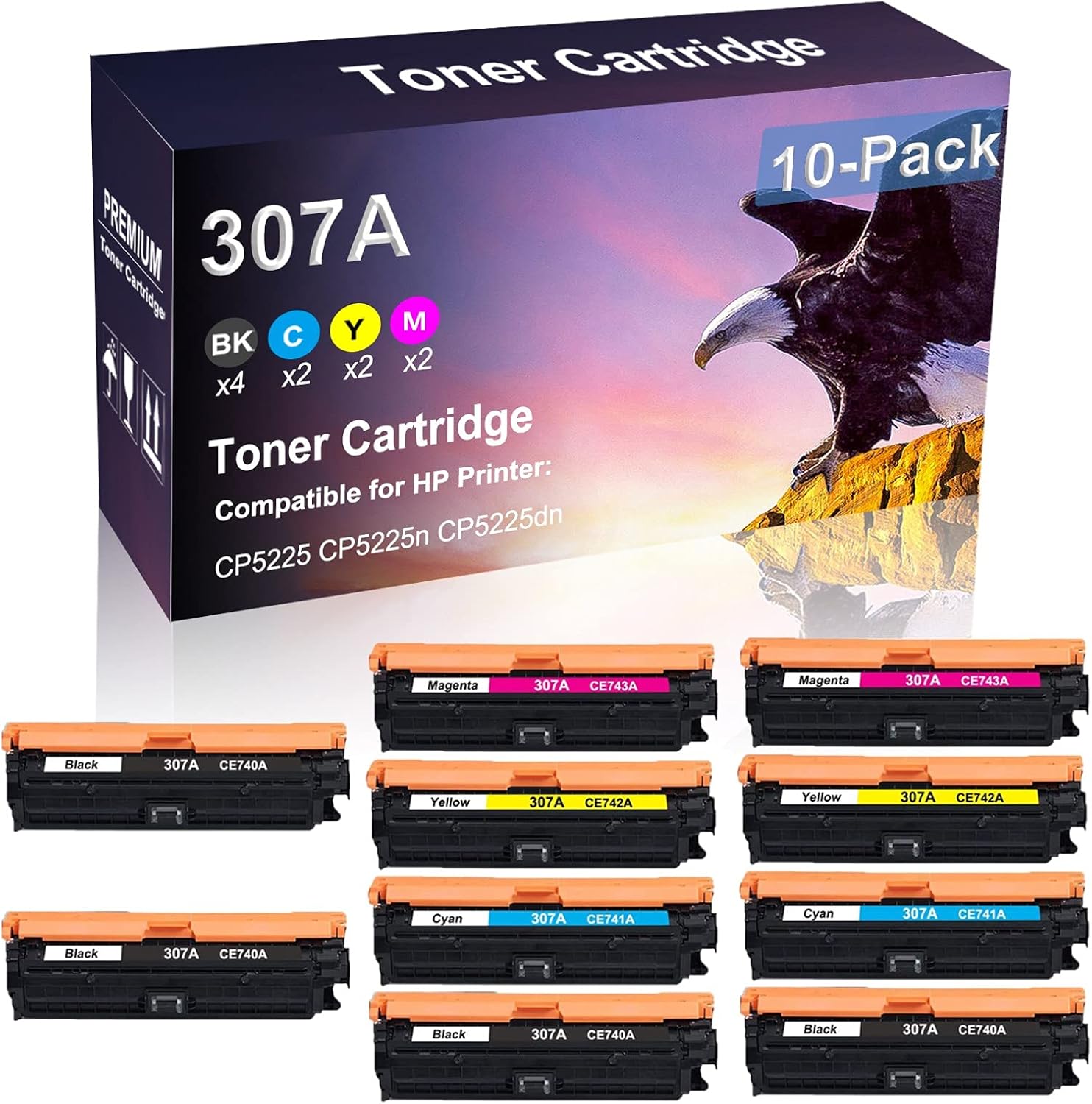 10 Pack (4BK+2C+2Y+2M) Compatible Laser Printer Cartridge (High Yield) Replacement for HP 307A | CE740A CE741A CE742A CE743A Imaging Cartridge use for HP CP5225dn Printer