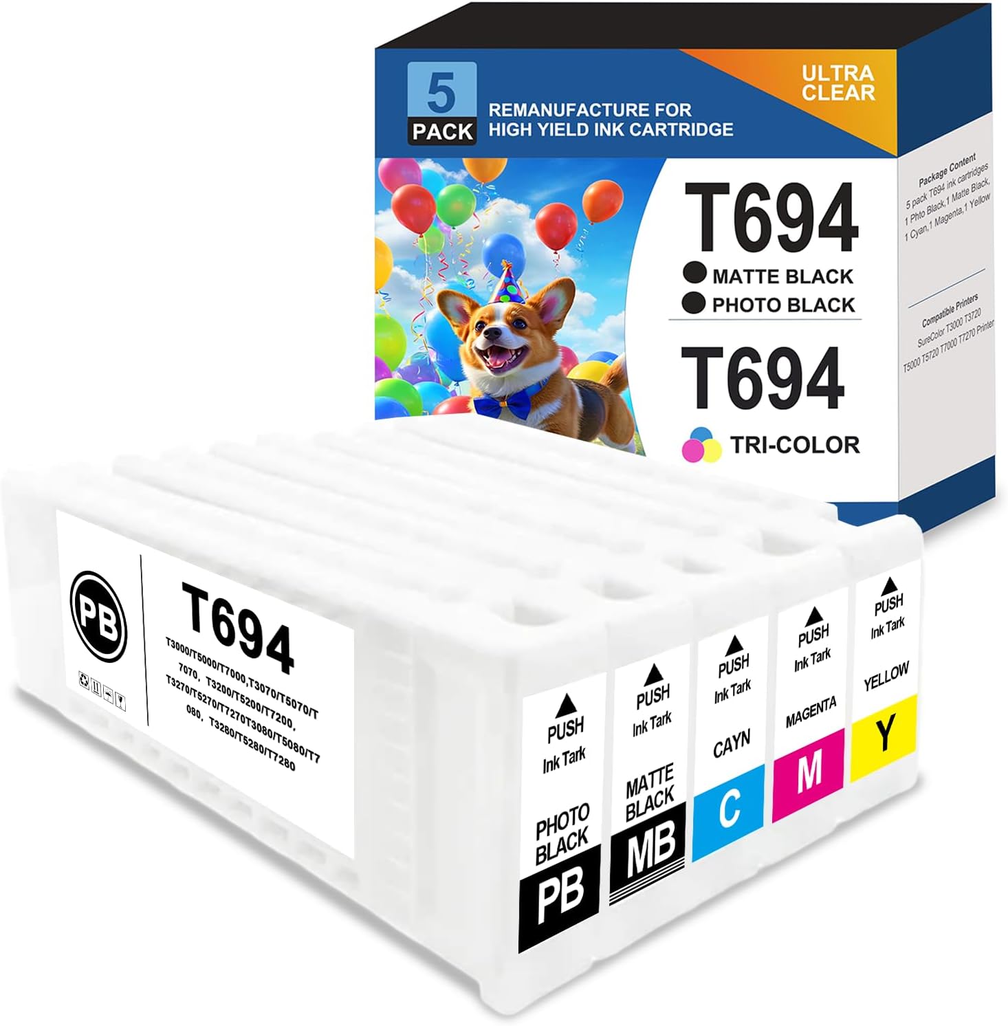 Remanufactured Extra High Yield T694 Ink Cartridge 700ML Combo 5 Pack,T6941 T6942 T6943 T6944 T6945 Ink Compatible with SureColor T3000 T3720 T5000 T5720 T7000 T7270 Printer(PBK/MBK/C/M/Y)