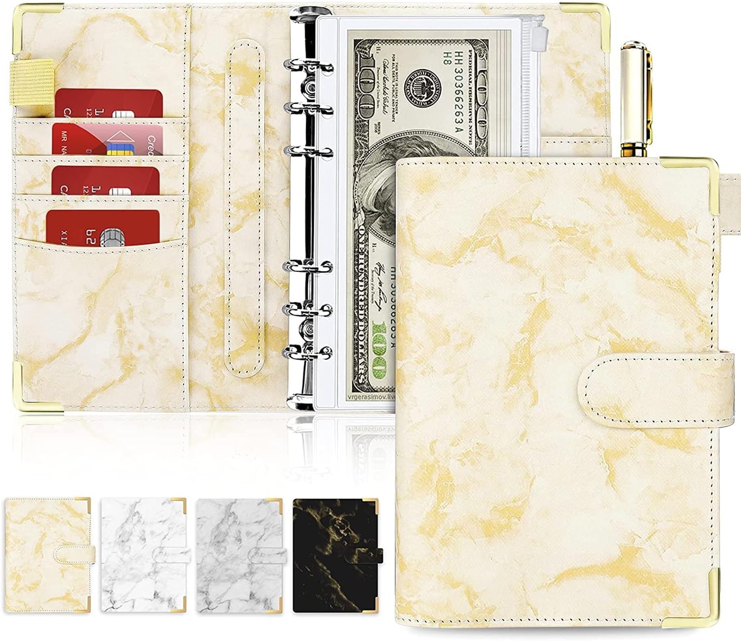 PSJVUR A6 Marble Budget Binder Refillable Notebook for Filler Paper, Personal Planner Cover with Magnetic Buckle Closure
