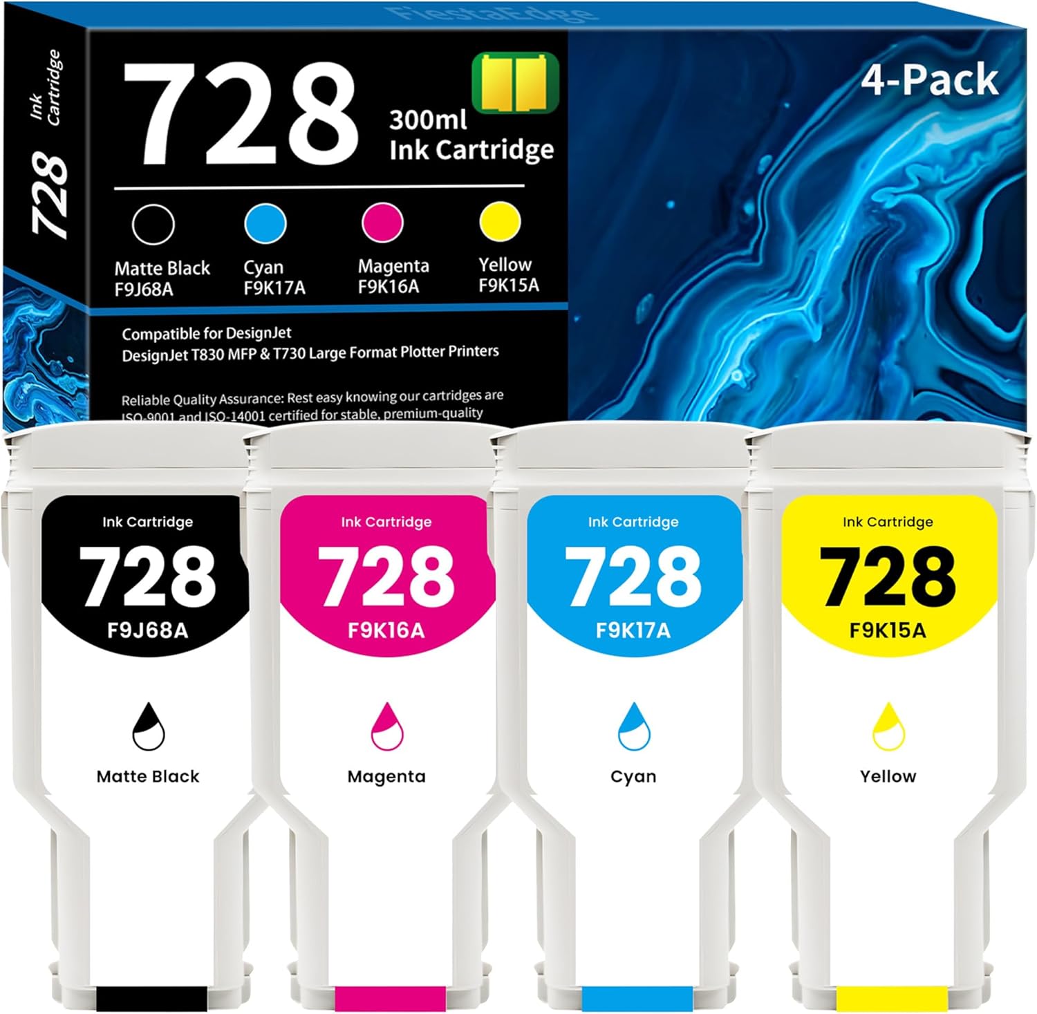 FiestaEdge 728 Ink Cartridges 300ml 4-Pack F9J68A F9K17A F9K16A F9K15A Ink Replacement for HP 728 Ink for DesignJet T830 MFP & T730 Printer Ink (Matte Black, Cyan, Magenta, Yellow)