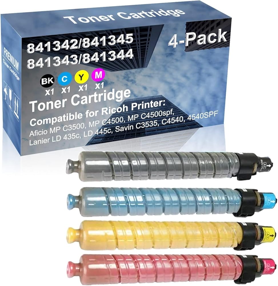 4-Pack (BK+C+Y+M) Compatible High Capacity 841342+ 841345+ 841343+ 841344 Toner Cartridge Used for Ricoh Aficio MP C3500, MP C4500, MP C4500spf Printer