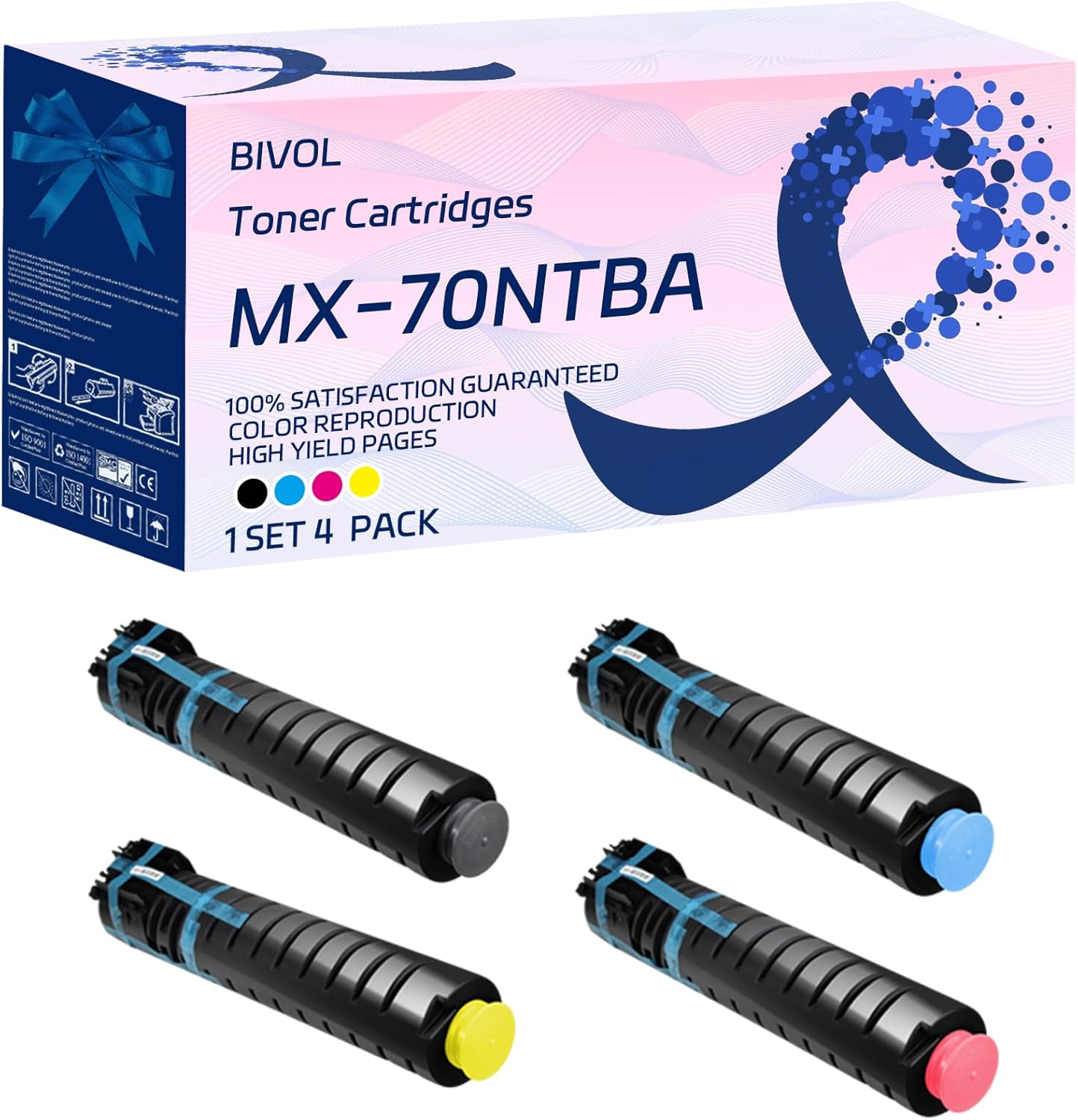 BIVOL MX-70NTBA MX-70NTCA MX-70NTMA MX-70NTYA Toner Cartridges Compatible for Sharp MX-5500N MX-6200N MX-7000N Printers, with Chip, High Yield 52000 Pages, Vivid Colors (4-Pack BK/C/M/Y)