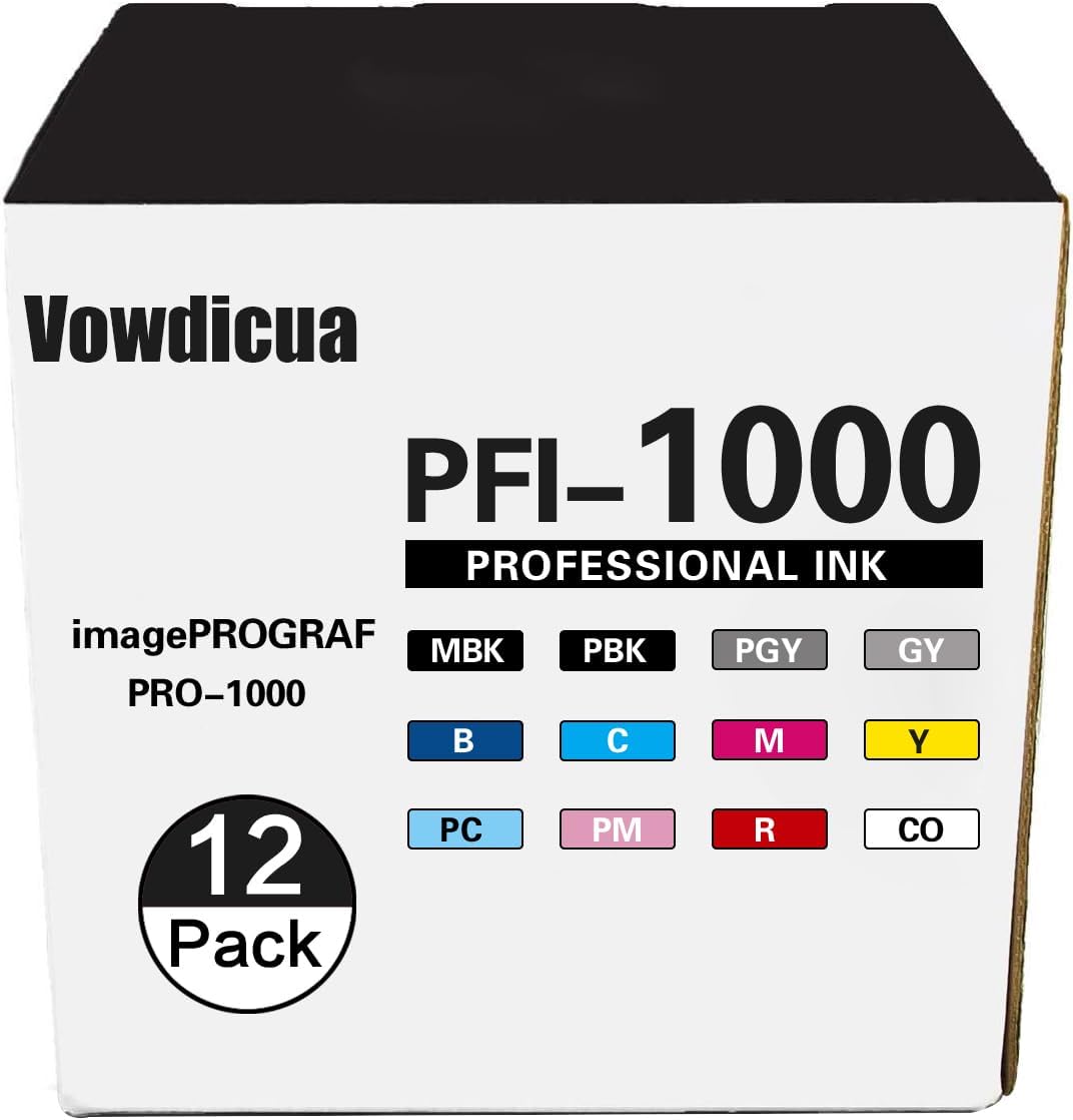 PFI-1000 Ink Cartridges - High Capacity Compatible for Canon imagePROGRAF PRO 1000 Printer, 12-Pack (MBK, PBK, C, M, Y, R, GY, B, PGY, PC, PM, CO)