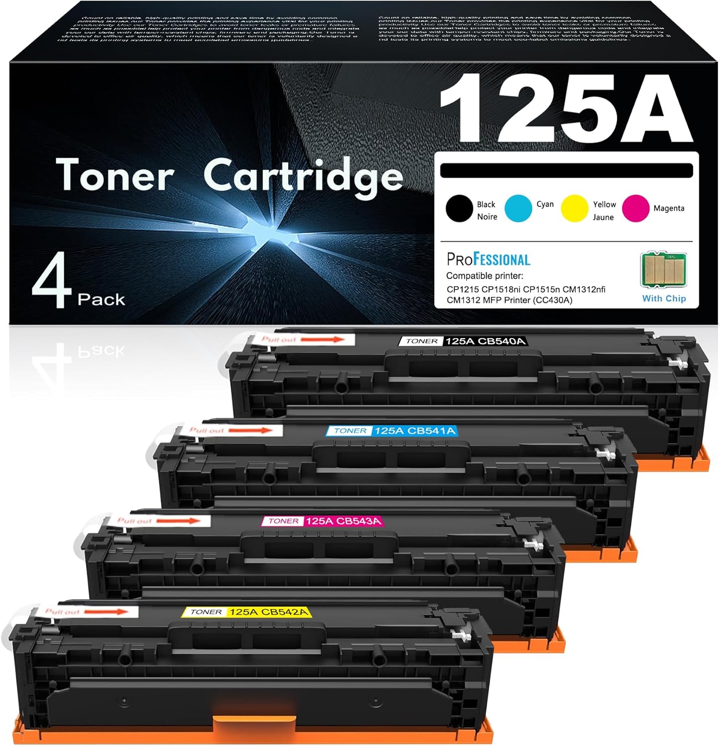 125A Black, Cyan, Magenta, Yellow Toner Cartridges (4-Pack) Replacement for HP Color CM1312 MFP Series, Color CP1215, CP1515, CP1518 Series | CB540A CB541A CB543A CB542A
