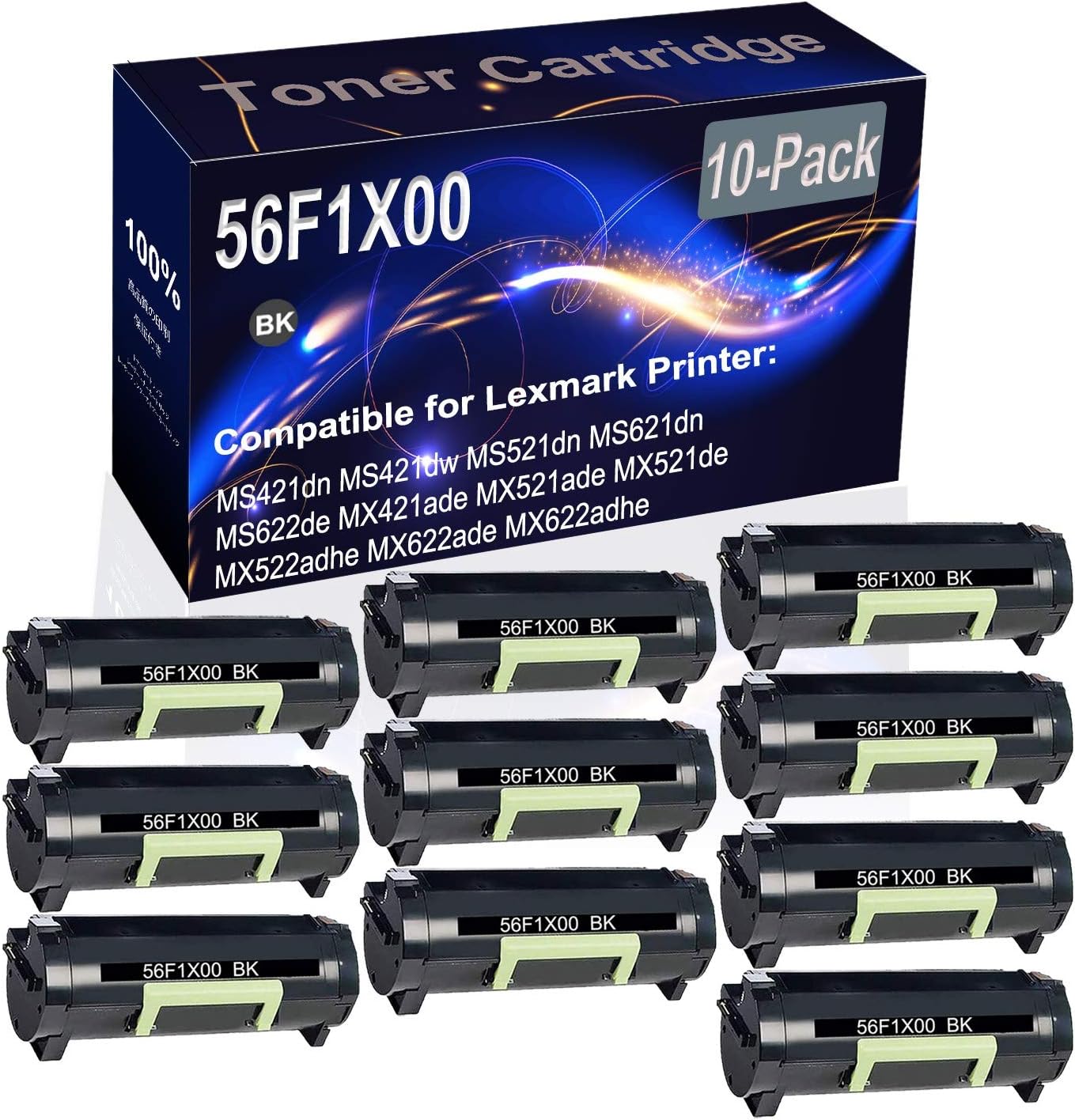 Kolasels 10-Pack (Black) Compatible High Yield 56F1X00 Printer Cartridge use for MS421dn MS421dw MS521dn MS621dn MS622de MX421ade MX521ade Printer