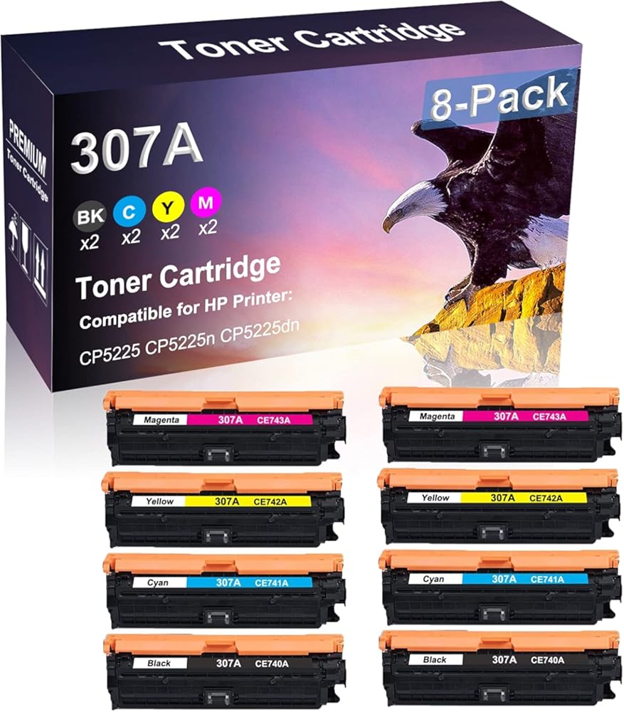 8 Pack (2BK+2C+2Y+2M) Compatible Laser Printer Cartridge (High Yield) Replacement for HP 307A | CE740A CE741A CE742A CE743A Imaging Cartridge use for HP CP5225dn Printer