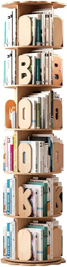 Bookcases Rotating Bookshelf 360° Book Organiser Wooden Picture Book Shelf Living Room 4/5/6 Shelves (Color : Wood, Size : 46 * 196cm)