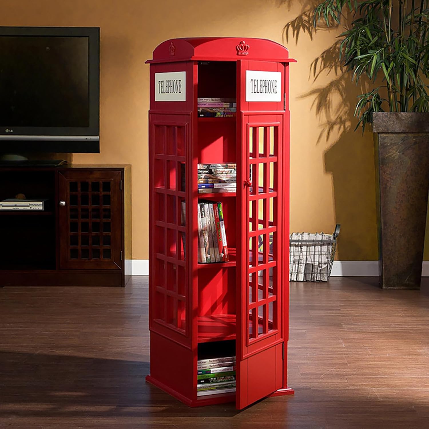 AXVZQLPM 5-Tier Telephone Booth Bookshelf, Floor Standing Wood Bookcase with Acrylic Door, Cube Organizer Display Cabinet, Bookshelf for bookstores, Living Rooms, and cafes (Red, 14.4 * 44.5in)