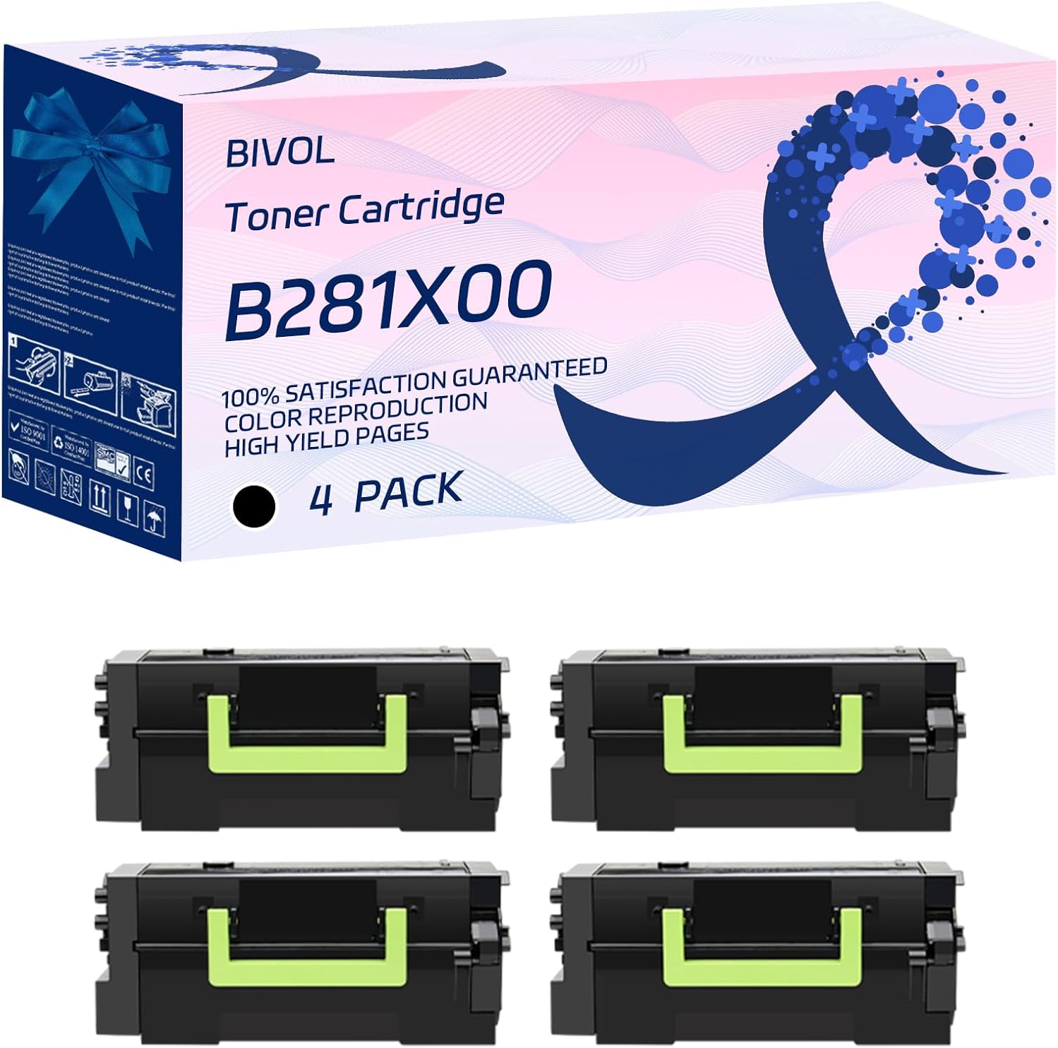 BIVOL B281X00 Toner Cartridge Compatible for Lexmark B2865dw Printers, with Chip, High Yield 40000 Pages, Vivid Colors (4 Pack Black)