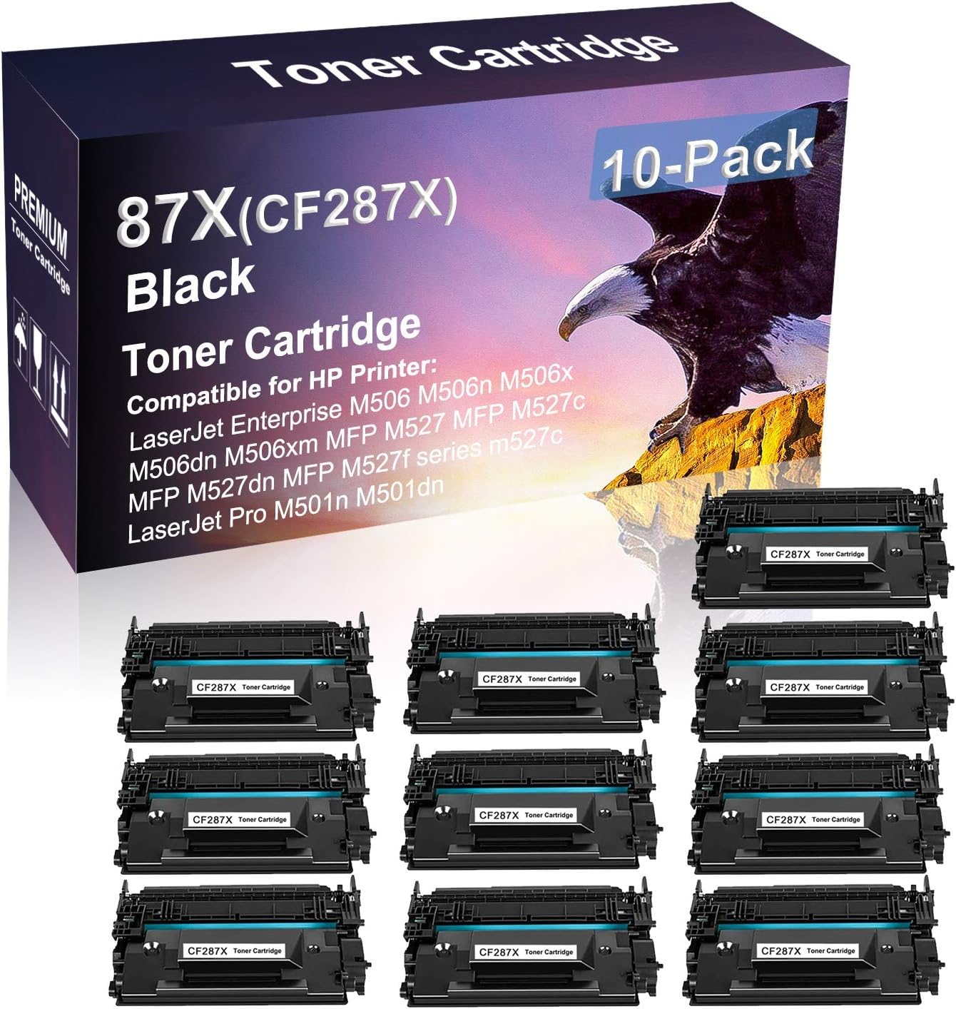 10 Pack Compatible High Capacity Black 87X | CF287X Black Toner Cartridge use for HP Enterprise M506 M506n M506x M506dn Printer
