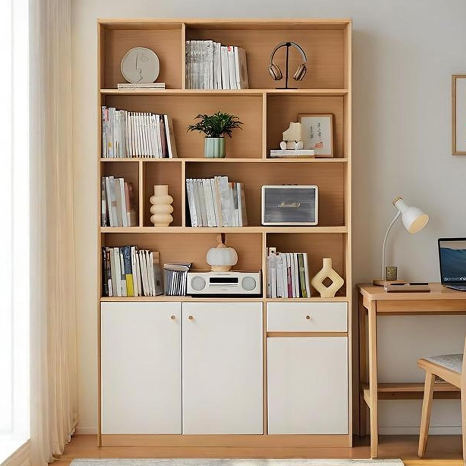 Bookshelf, 6-Tier Tall Bookcase with Doors, Floor Standing Book Shelf, Display Storage Shelves for Living Room Home Office Wood-Color 47.2 * 12.2 * 79.5in