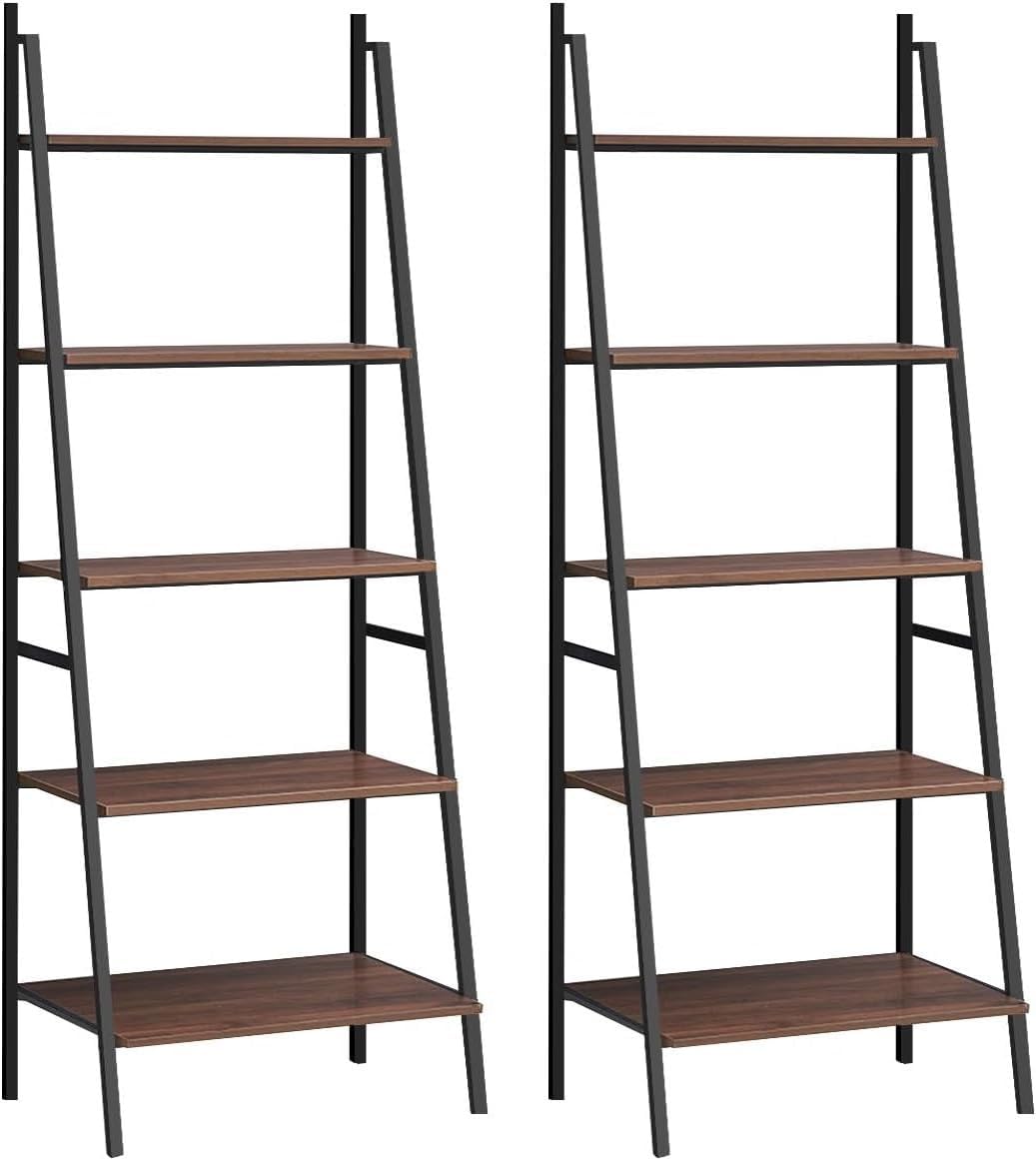 LDAILY Ladder Shelf, 5 Shelf Modern Industrial Bookcase, Large Capacity Storage Rack with Metal Frame, Bookshelf for Home Office Living Room, Plant Flower Stand for Balcony, Rustic Brown (2)