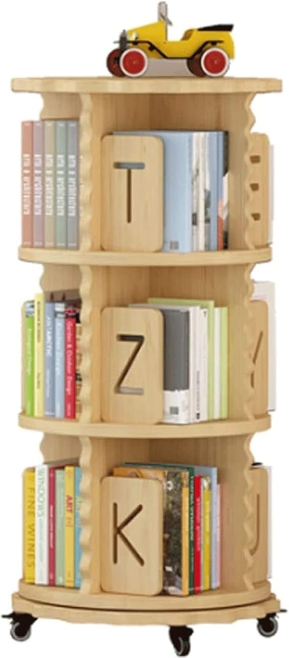 ABGRC Bookcase 360° Rotating Bookcase with Letters Baffle Solid Wood Bookshelf Double-Layer Chassis Design Display Shelves for Bedroom Stable