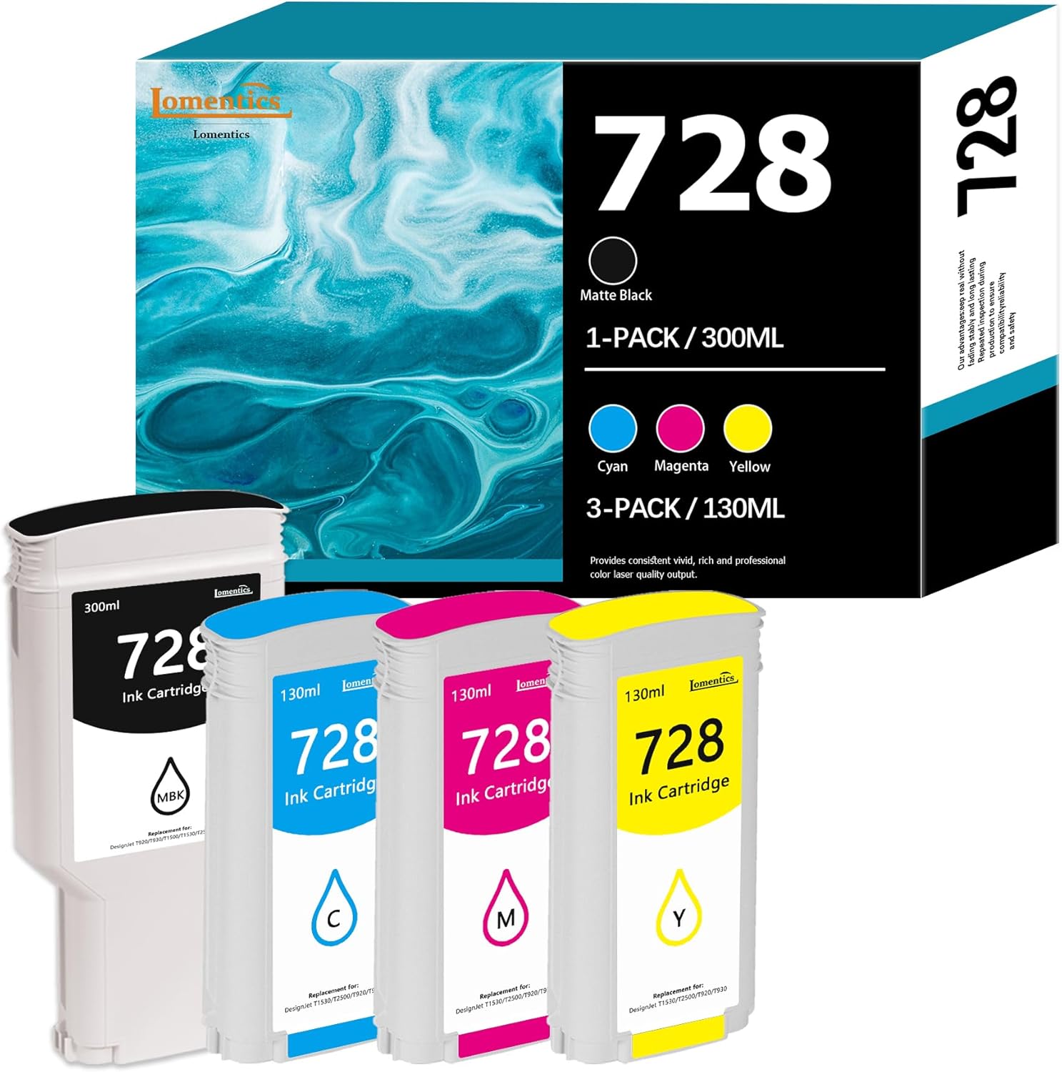 728 Ink Cartridges 4-Pack (300ml Matte Black / 130ml Cyan/Magenta/Yellow) Lomenti Compatible HP 728 Ink Cartridge F9J68A F9J67A F9J66A F9J65A for DesignJet T830 MFP & T730 Large Format Plotter Printer