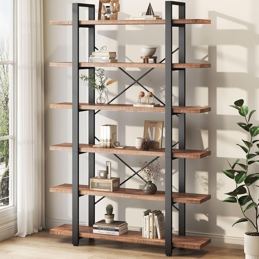 HSH 6 Tier Solid Wood Bookshelf, Industrial Wood and Metal Tall Large Etagere Bookcase and Storage Shelves, Rustic Open Natural Real Wooden Book Shelf for Bedroom Living Room, Distressed Brown
