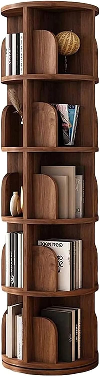 SUZEPER Solid Wood Rotating Bookshelf Tower,Corner Bookshelf for Small Space,360 Display Spinning Bookcase, Floor Standing Book Shelf Storage Rack for Bedroom Livingroom Kids & Adults(5 Tier, Walnut)