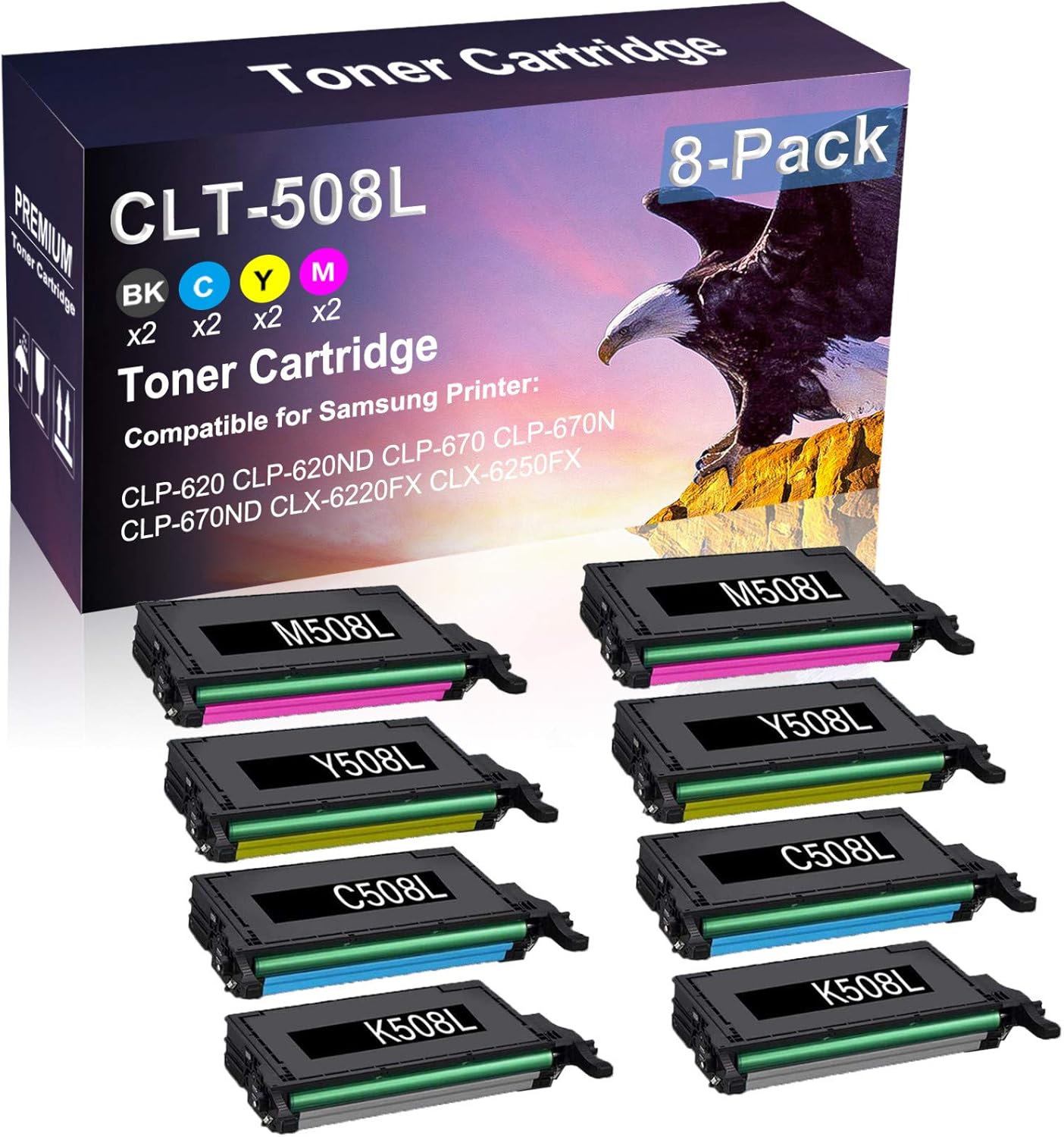8 Pack (2BK+2C+2Y+2M) Compatible Laser Toner Cartridge (High Yield) Replacement for Samsung CLT-508L CLT-K508L CLT-C508L CLT-Y508L CLT-M508L Toner Cartridge use for Samsung CLP-670 CLP-670N Printer