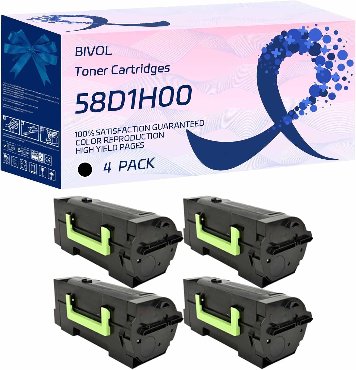 BIVOL 58D1H00 Toner Cartridges Compatible for Lexmark MX721ade MX721adhe MX722ade MX722adhe MX822ade MX822adxe MX826ade MX826adxe Printers, High Yield 16000 Pages (4 Pack Black)