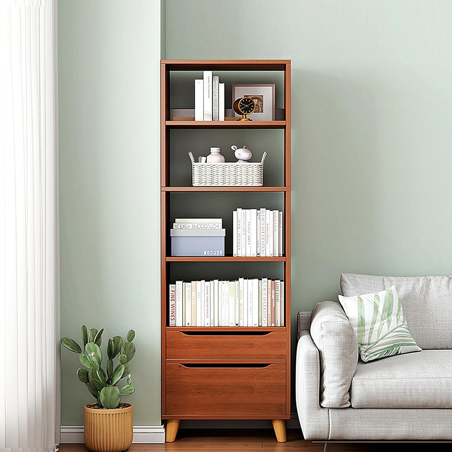 4-Tier Versatile Combination Bookcase with 2 Drawers, File Cabinet Display Shelf, Adult Bookshelf for Book, Plant, Filing (Brown, 71