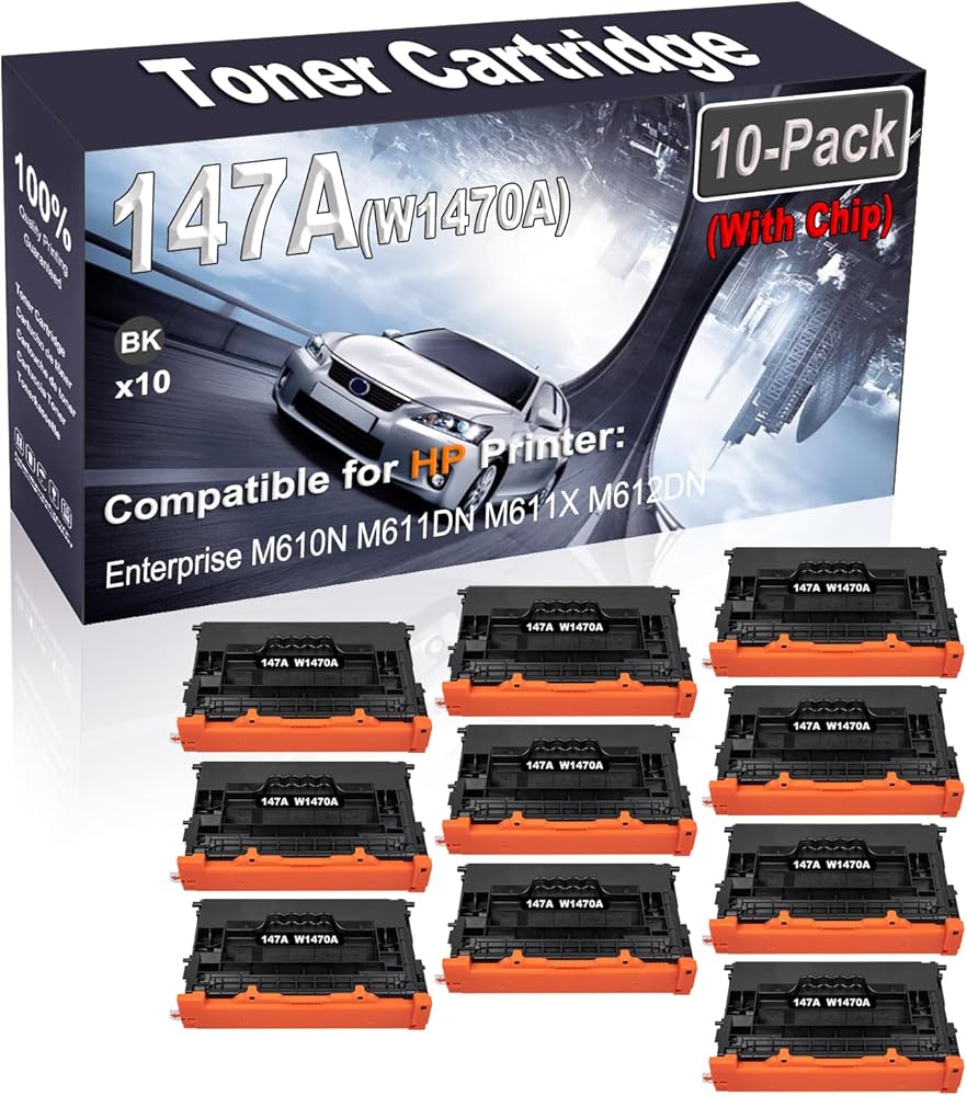 Kolasels 10-Pack (Black) Compatible 147A W1470A (with Chip) Printer Toner Cartridge (High Capacity) fit for Enterprise M610N M611DN M611X M612DN Printer