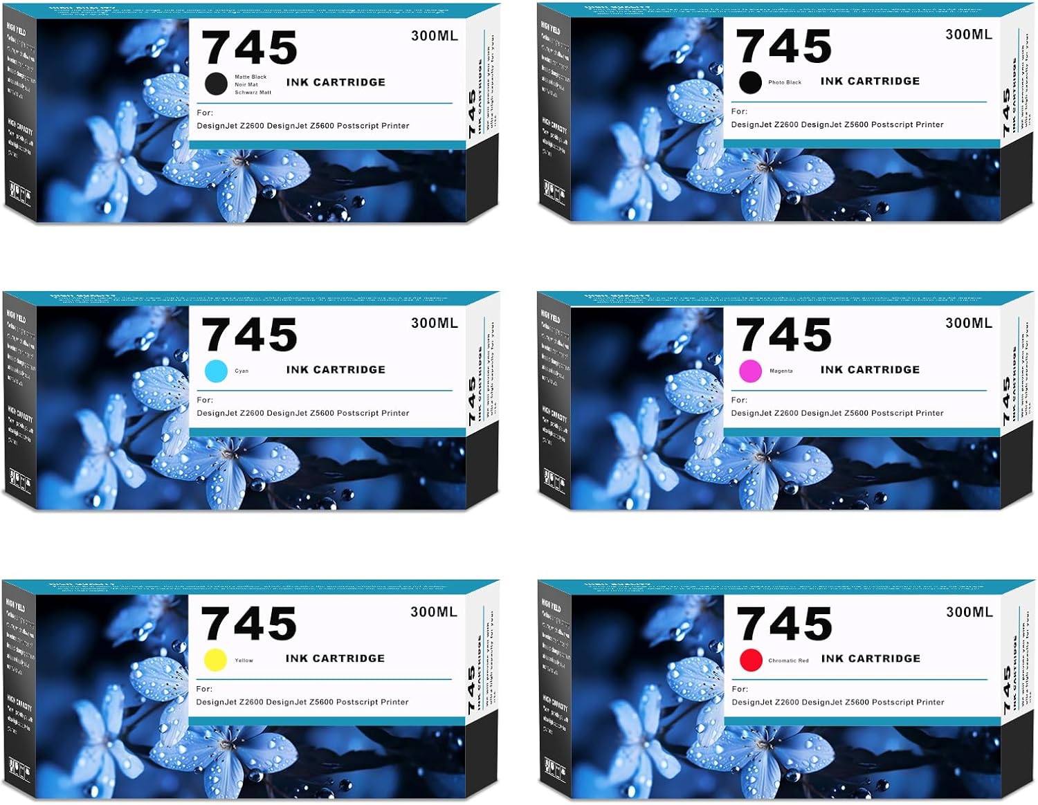 ROYOE High Capacity 745 Ink Cartridges 300ml 745XL Ink Cartridge F9K06A F9K05A F9K04A F9K03A F9K02A F9K01A Replacement for DesignJet Z2600 Z5600 Postscript Printer (6-Pack)