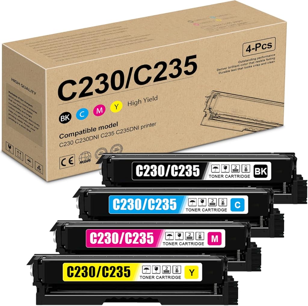 C230 C235 Toner Cartridge 4-Pack with Chip - High Yield Replacement for Xerox 006R04383 006R04384 006R04385 006R04386, Compatible with C230, C235, C230DNI, C235DNI Printers