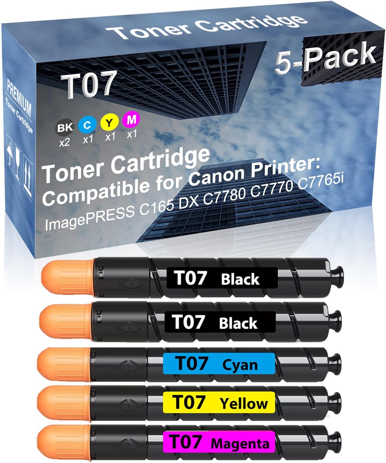 5-Pack (2BK+C+Y+M) Compatible High Yield T07 (T07K+ T07C+ T07Y+ T07M) Laser Printer Toner Cartridge Used for Canon ImagePRESS C165 DX C7780 C7770 C7765i Printer