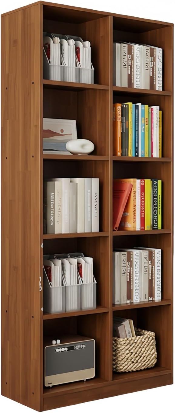 FUKEFUZ Rubberwood Cube Bookcase, Modular Open Storage Shelf with Floor-Standing Cabinet Legs & Anti-Tip Kit, Space-Saving Organizer for Home Office, Living Room, Bedroom(Walnut,10-Cube)