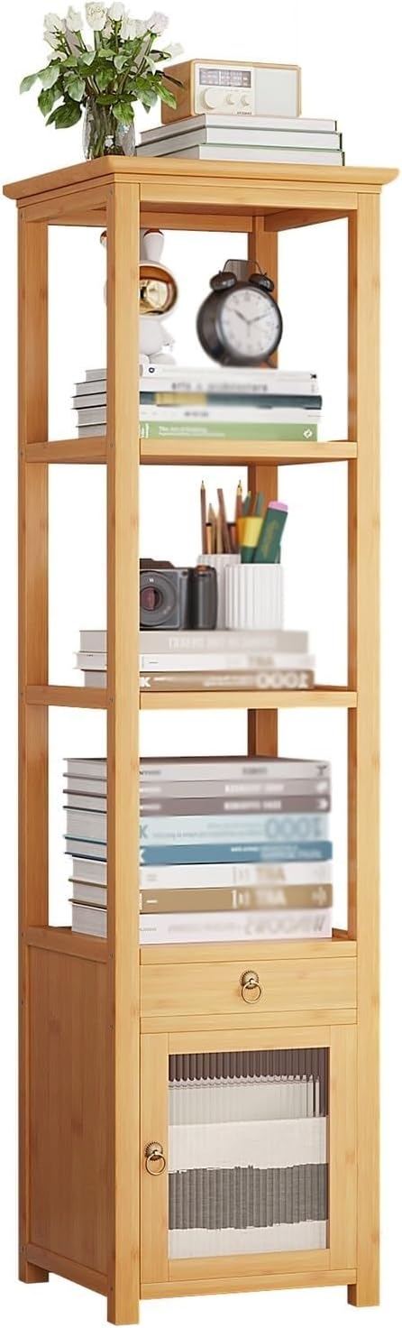 Corner Bookshelf Bookshelves with Cabinet Bamboo Bookcases Open Storage Shelf for Living Room Kitchen Office,Living Room