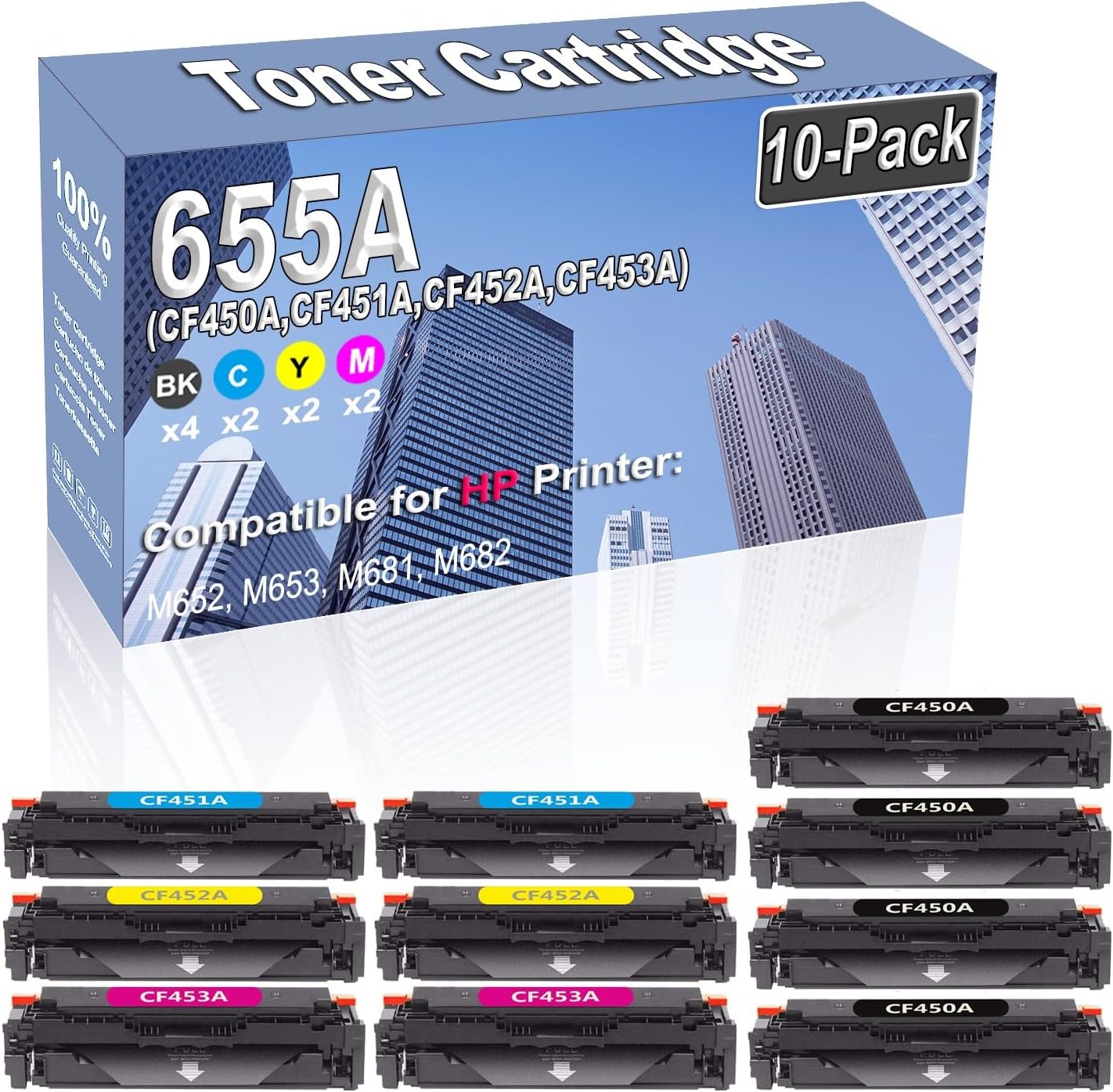 10-Pack (4BK/2C/2Y/2M) Compatible High Capacity 655A (CF450A CF451A CF452A CF453A) Color Toner Cartridge use for HP M652 M653 M681 M682 Printer