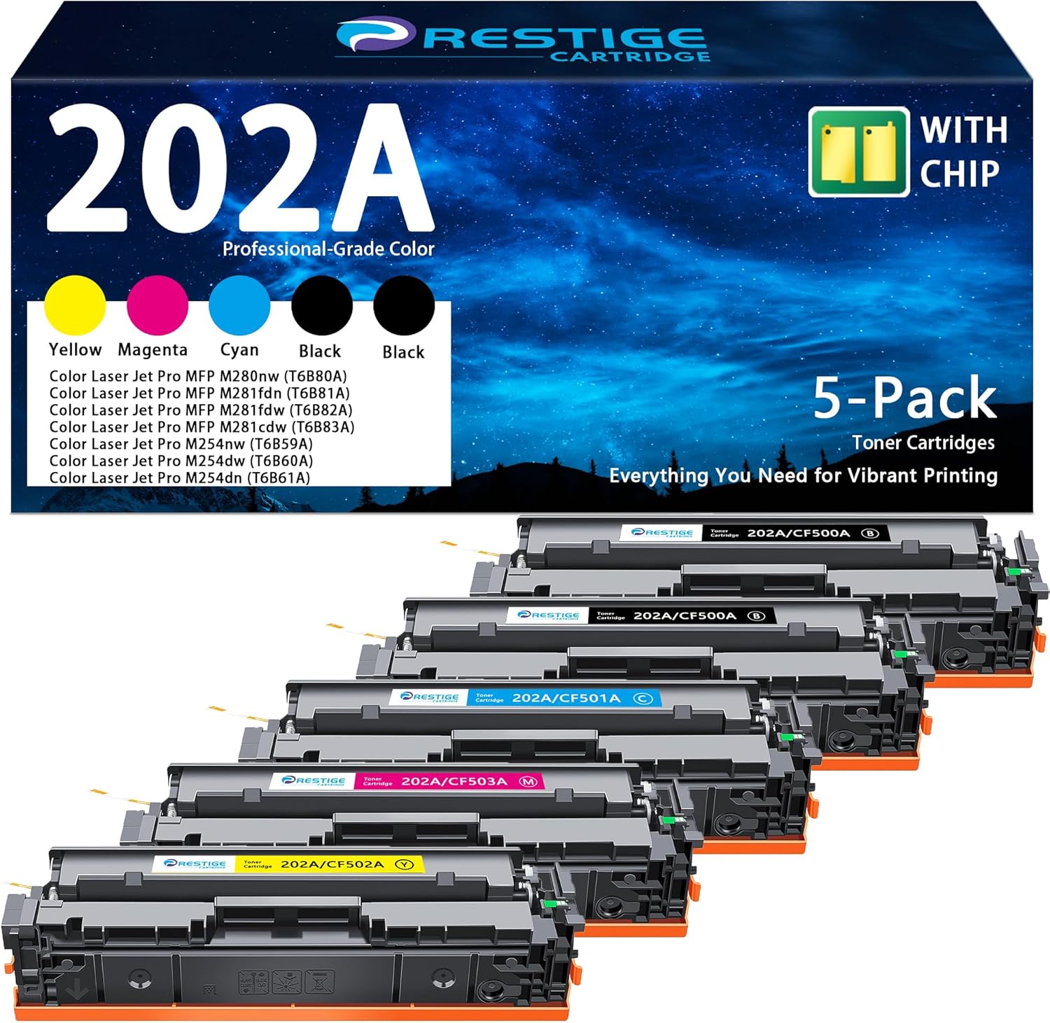 202A Toner Cartridge Replacement for HP 202A 202X Color Toner Cartridges for Pro MFP M281fdw M281cdw M254dw M281fdn M254 M281 Printer (2 Black 1 Cyan 1 Yellow 1 Magenta, 5 Pack)