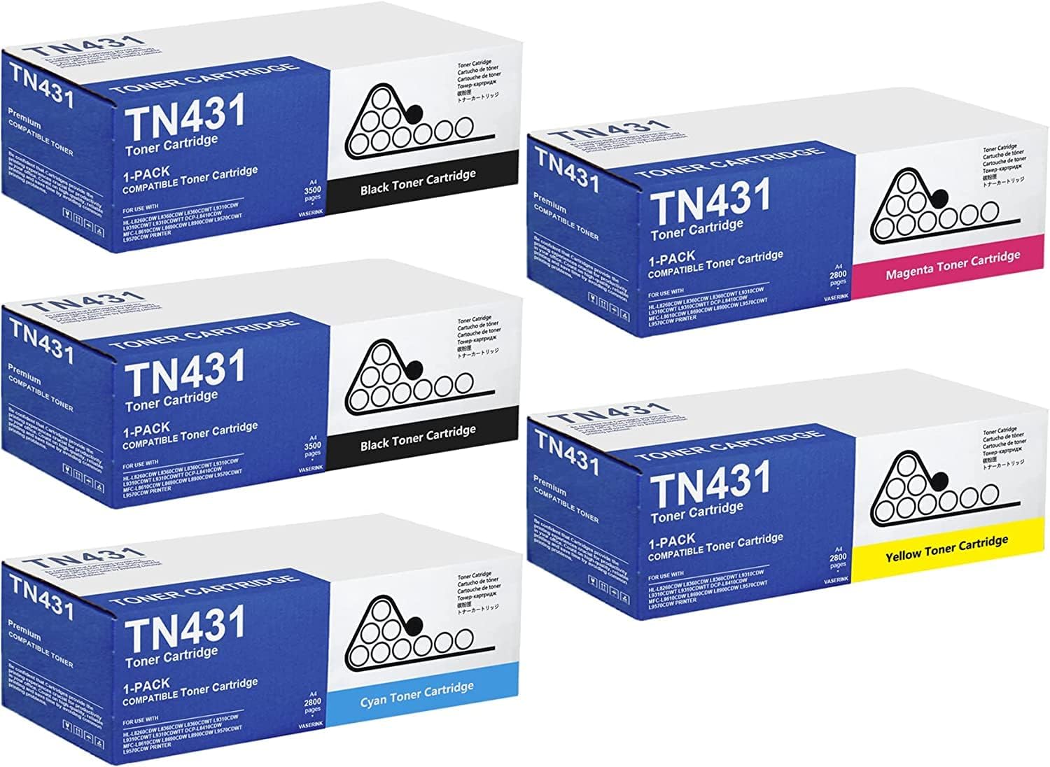 TN431 Toner Cartridge 5-Color Set - TN431 Toner Compatible Replacement for Brother TN-431 Toner HL-L8260CDW L8360CDWT L8360CDW MFC-L8900CDW L8610CDW Printer (2BK/1C/1M/1Y)