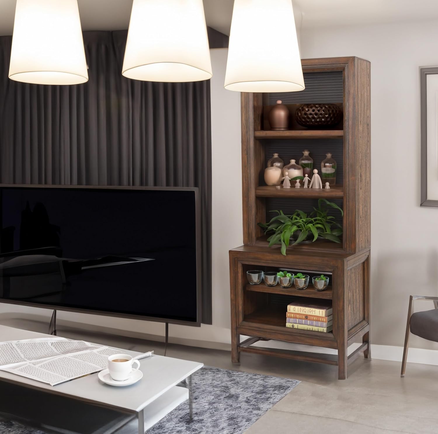 Benicabaly Elegant Bookcase Pier for Modern Living, No Assembly Required, Rustic Buckeye and Black Finish, 3 Spacious Shelves