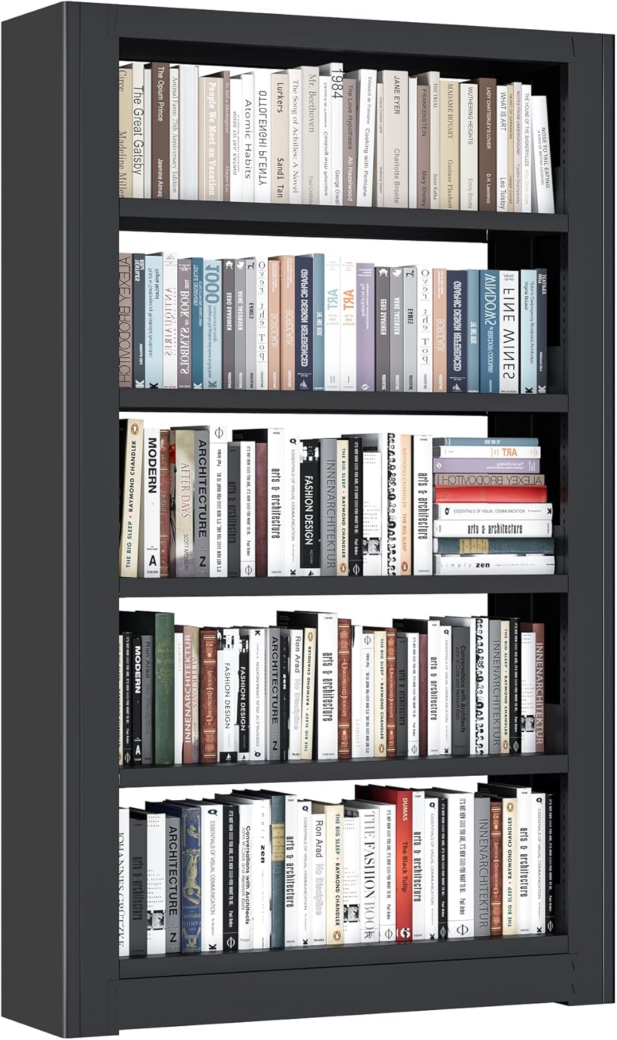OSEILLC 5-Tier Bookshelf with Adjustable Storage Shelves, Heavy Duty Bookcase, Metal Bookshelf with Book Stopper, Black Bookcase Shelf for Library, Office, Living Room (69