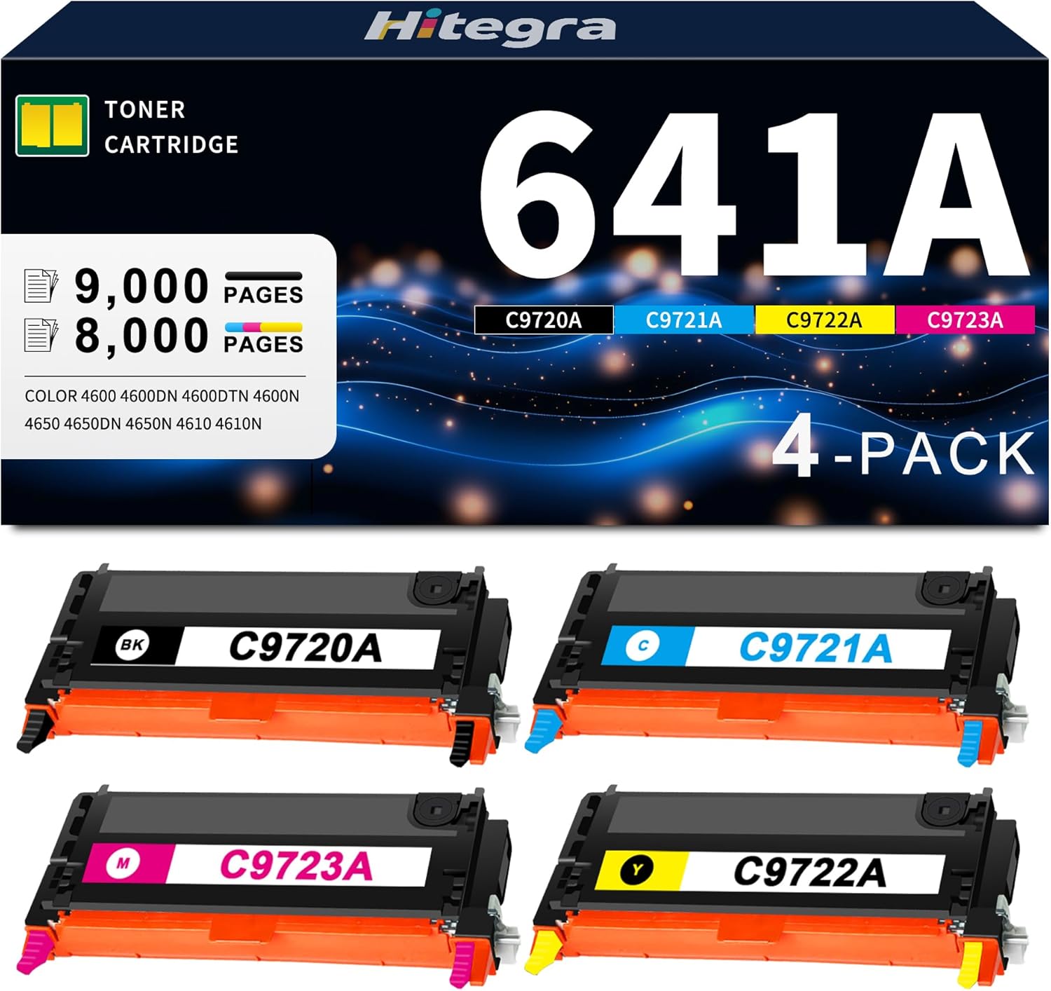 Compatible 641A Toner Cartridge High Yield 4-Pack Replacement for HP 641A Toner C9720A C9721A C9722A C9723A Use for Color 4600 4600DN 4600DTN 4600N 4650 4650DN 4650N 4610 4610N Printer Ink, BK/C/M/Y