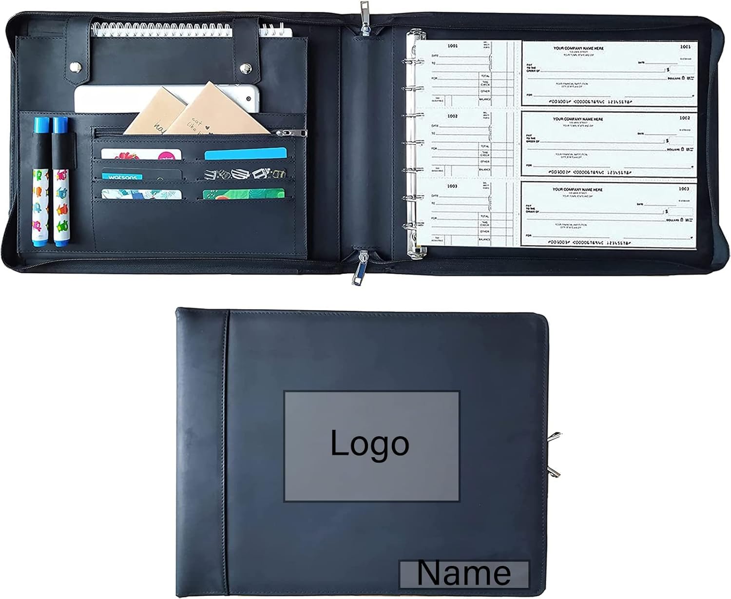 7-Ring Zippered Checkbook Binder for Business Checks - Premium Leather Portfolio Holds 600 Checks (9