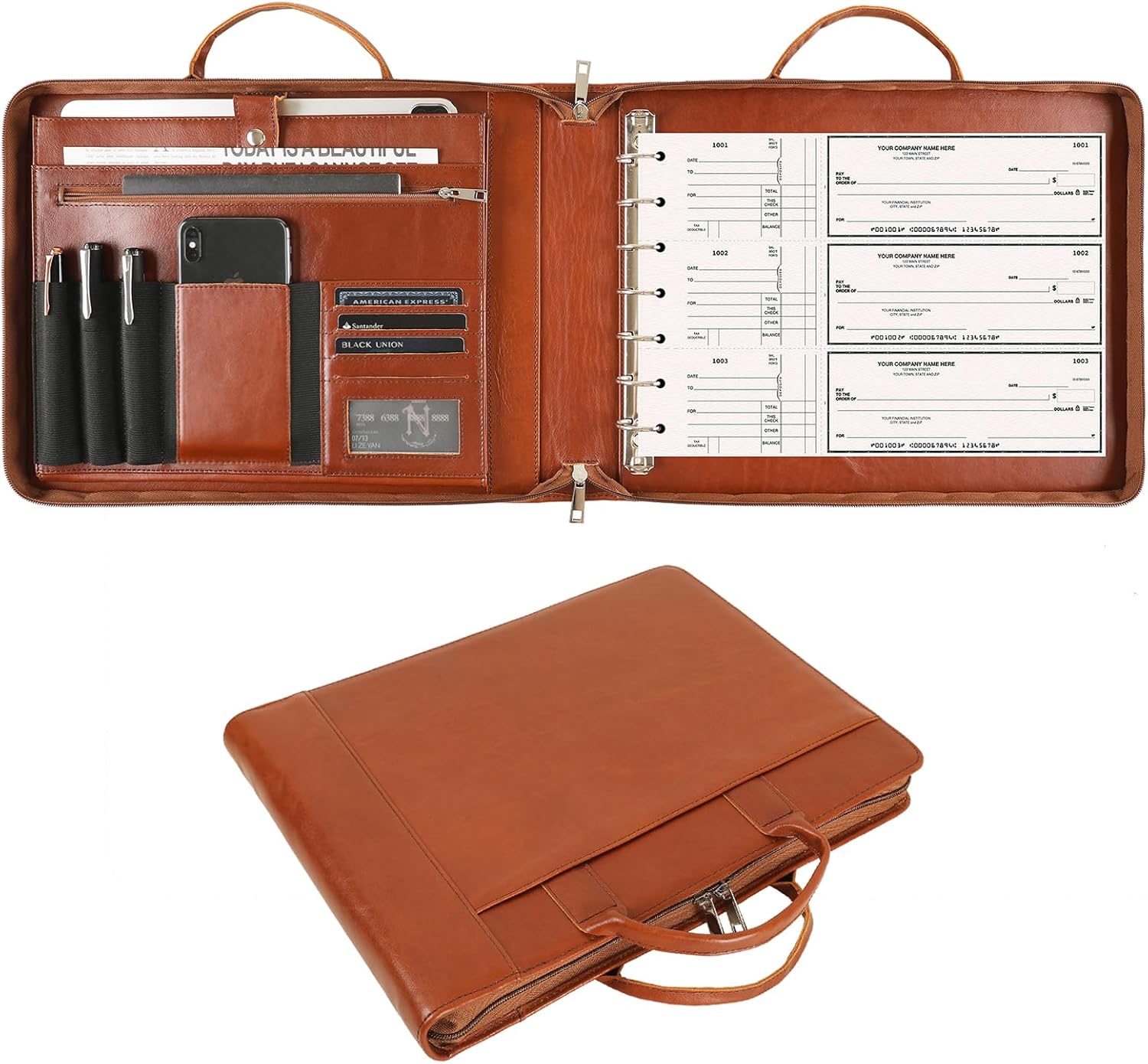 Personalized Leather Business Checkbook Binder - 7 Ring Check Binder with Handle, Check Holder Checkbooks for Business Checks Capacity for 3 Per Page 600 Checks 9 x 13 inch Sheets, Oil Brown-Custom