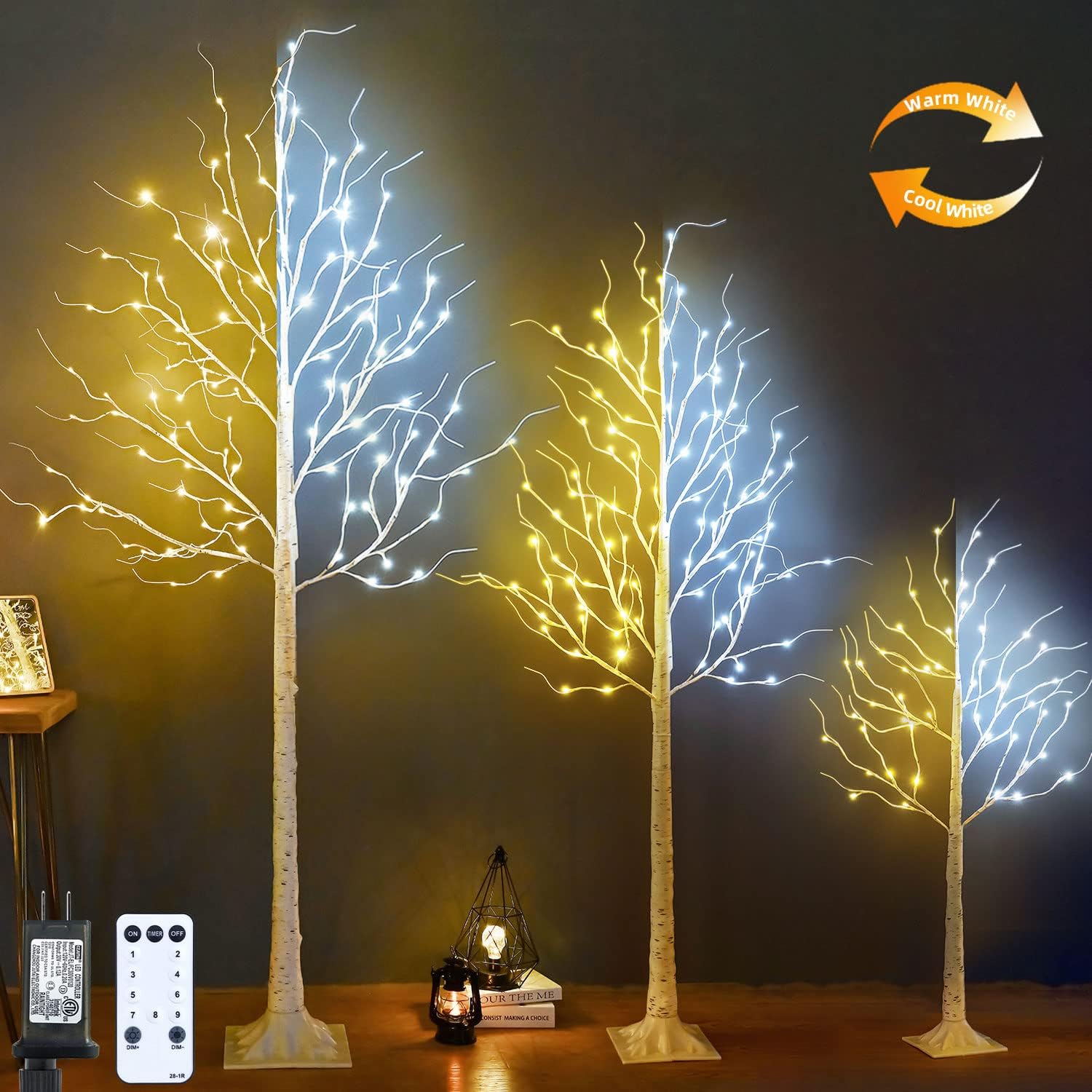 ZHOUDUIDUI Lighted Birch Tree, Pack of 3, 4FT 6FT and 8FT Birch Tree Lights, 9Modes Timer for Indoor Outdoor Easter Tree Christmas Easter Decor Home Party Wedding Decor, Warm & Cool White