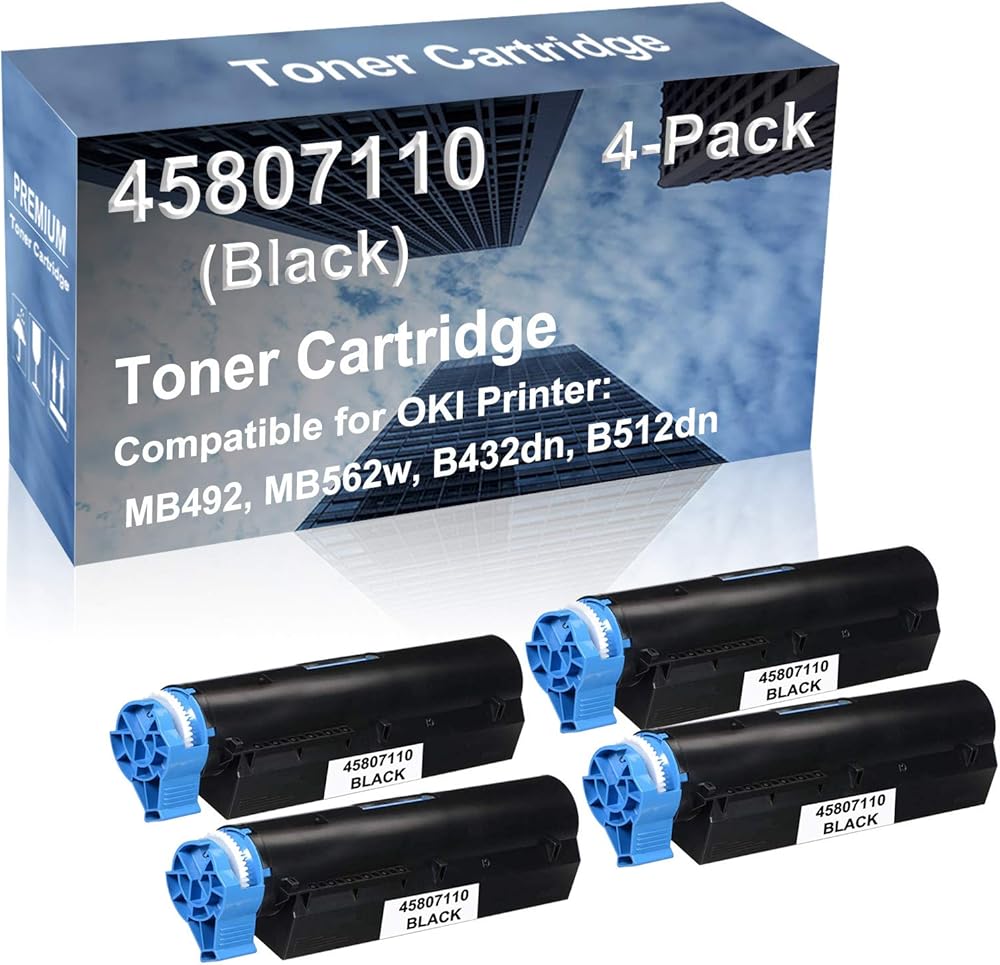 4-Pack Compatible High Capacity MB492, MB562w, B432dn, B512dn Printer Toner Cartridge Replacement for 45807110 Toner Cartridge (Black)
