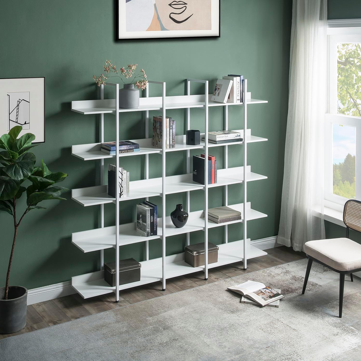Zjjseloru Vintage Industrial 5 Tier Bookcase - White MDF & Steel Open Shelving for Home Office or Living Room Storage