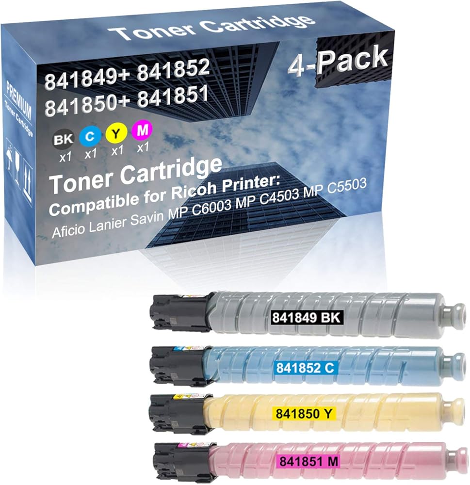 4-Pack (BK+C+Y+M) Compatible High Capacity 841849 841852 841850 841851 Toner Cartridge Used for Ricoh Aficio Lanier Savin MP C6003 MP C4503 MP C5503 Printer