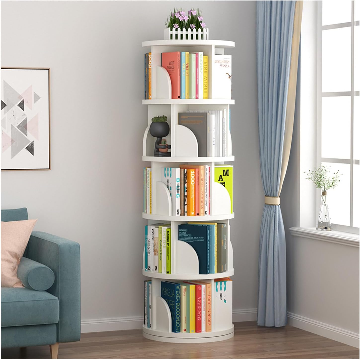 SWHC Book Shelf, Wooden Creative Bookcase Tall Bookshelf Shelf Open Display Shelves Book Storage Organizer for Living Room Floor Standing Office Bookshelf 360° Rotation Children Bookcase