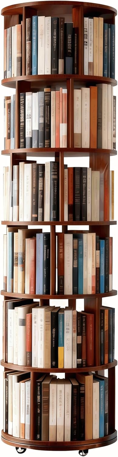 6-Tier Solid Wood Rotating Bookshelf with Locking Wheels,360° Spinning Bookcase Organizer for Small Spaces, Bedroom, Kids Room, Office - Walnut Finish