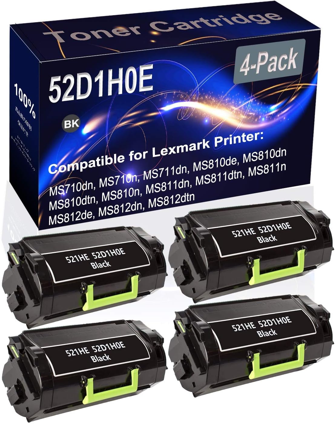 Kolasels 4-Pack (Black) Compatible MS710dn MS710n MS711dn MS810de MS810dn MS810dtn Laser Printer Cartridge (High Capacity) Replacement for 521HE 52D1H0E Printer Cartridge